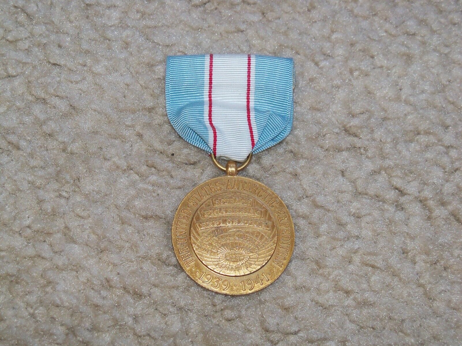 US Antarctic Expedition Medal Full Size Gold Tone w Ribbon