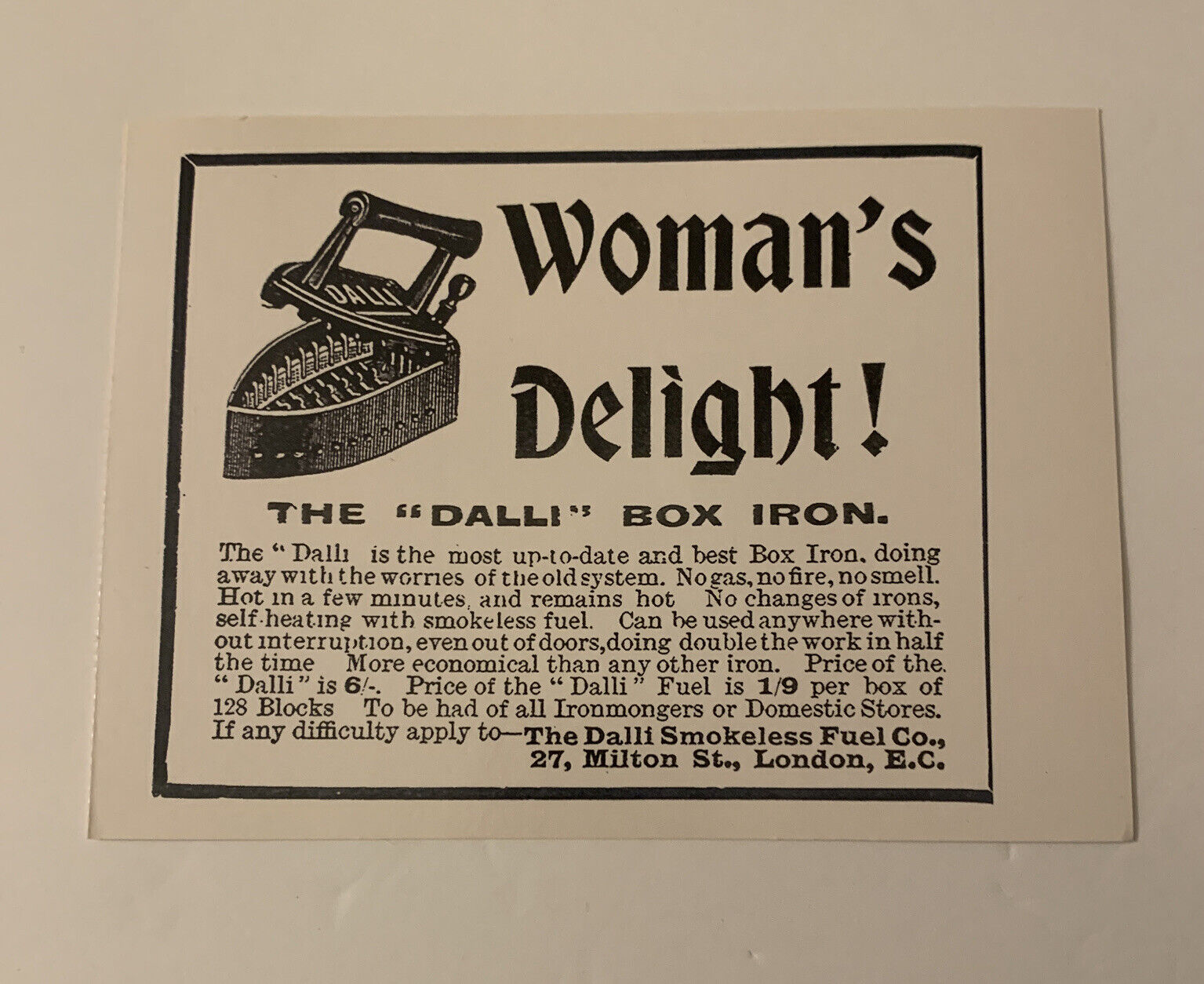 Vintage 1900s Reproduction Dalli Box Iron Ad 6.75” Paper Print Collectible