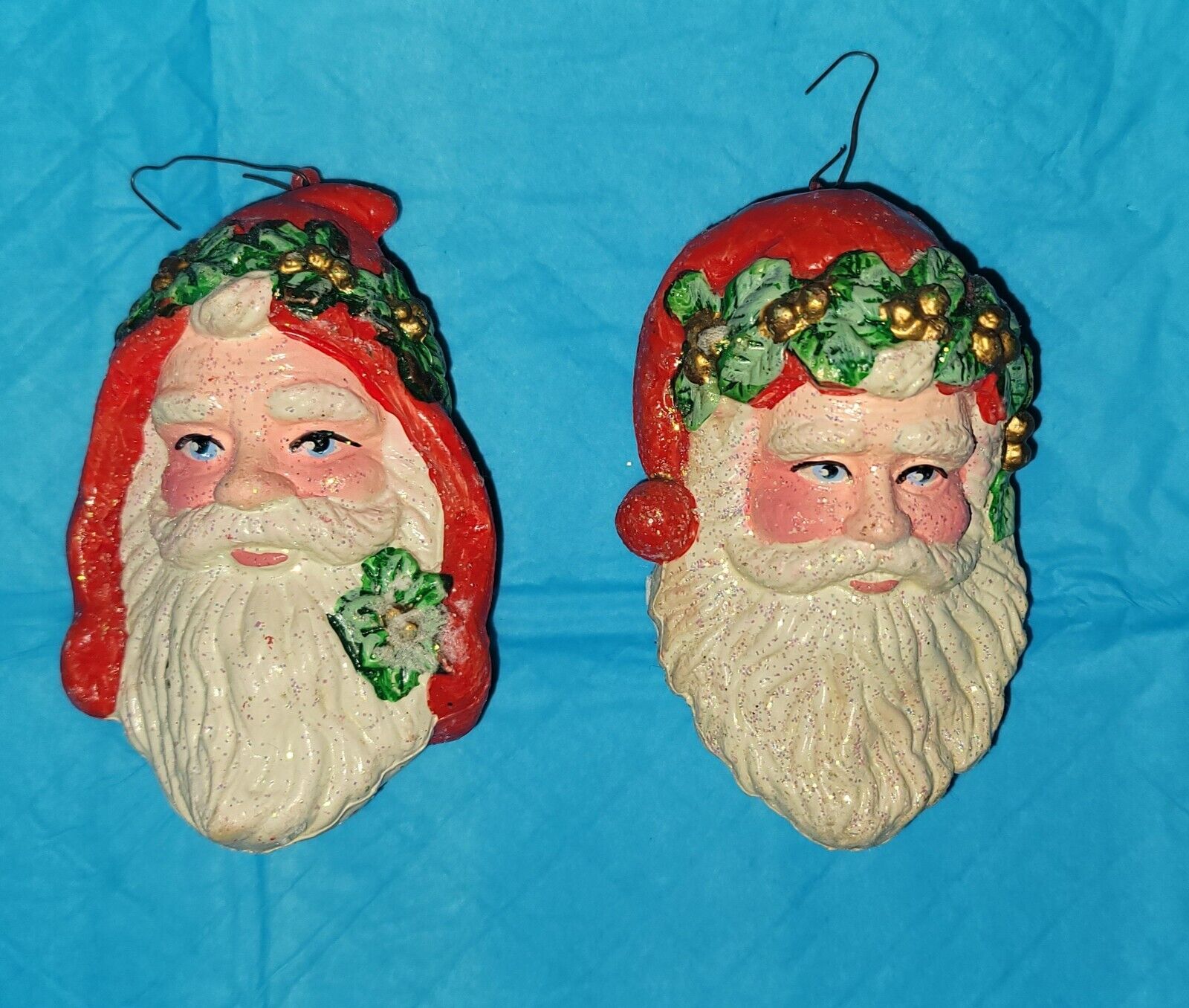 Lot Of 2 VTG Santa Blow Mold Face Glitter Holly Crown Christmas Tree Ornament