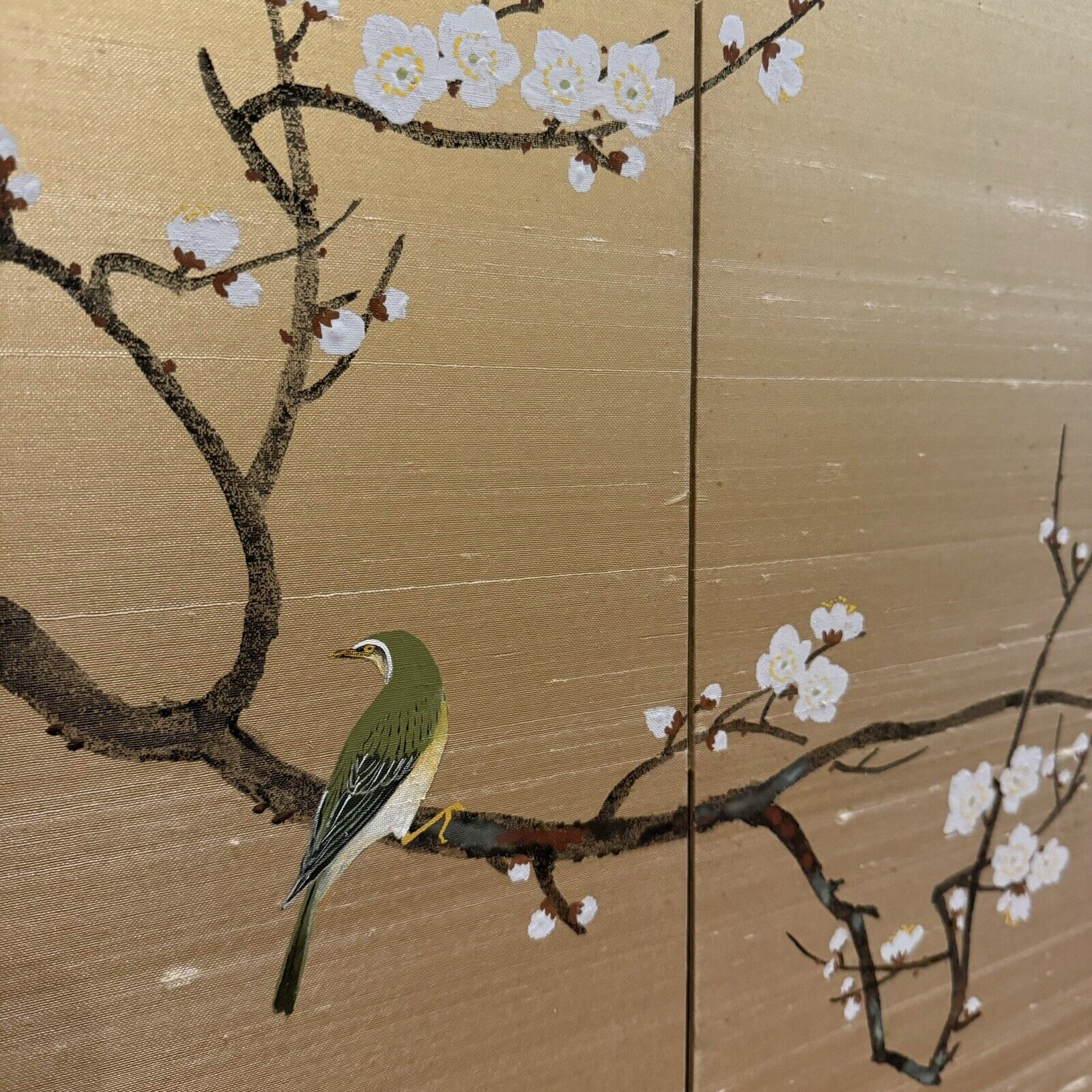 Vintage Japanese 4-Panel Folding Byobu Hand Painted Silk Screen Signed Asian Art