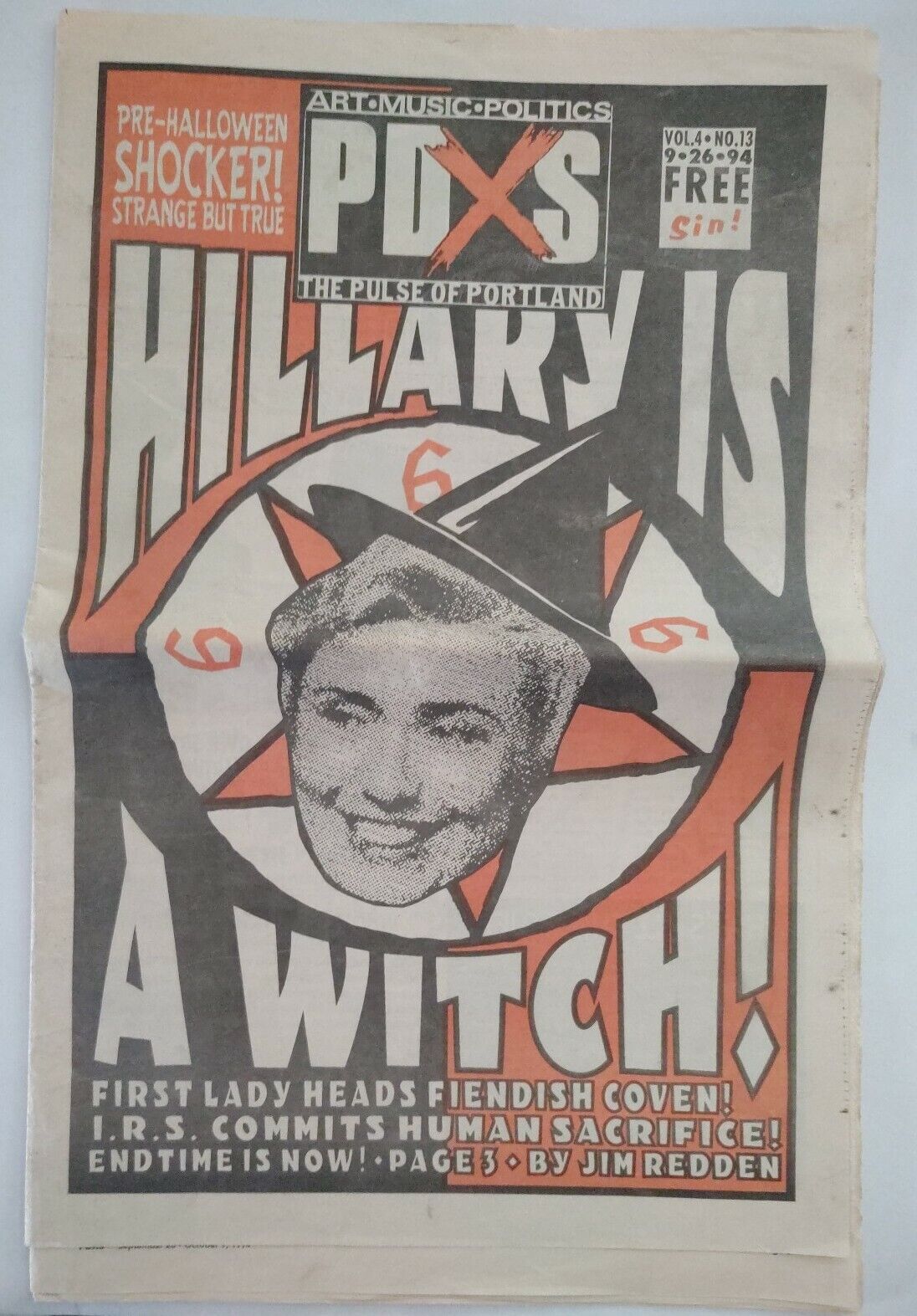 Crooked Hillary Is A Witch 1994 Portland Oregon Newspaper, Clinton 90's