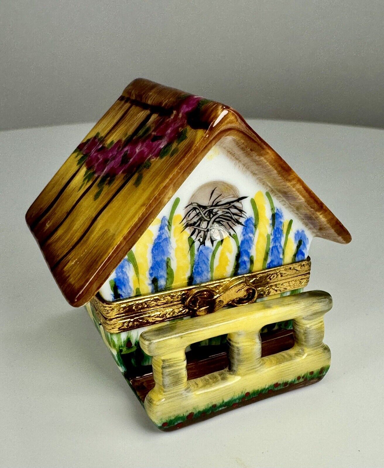 Limoges Rochard Hand Painted Birdhouse W/Balcony, Nest & Bird Trinket Box