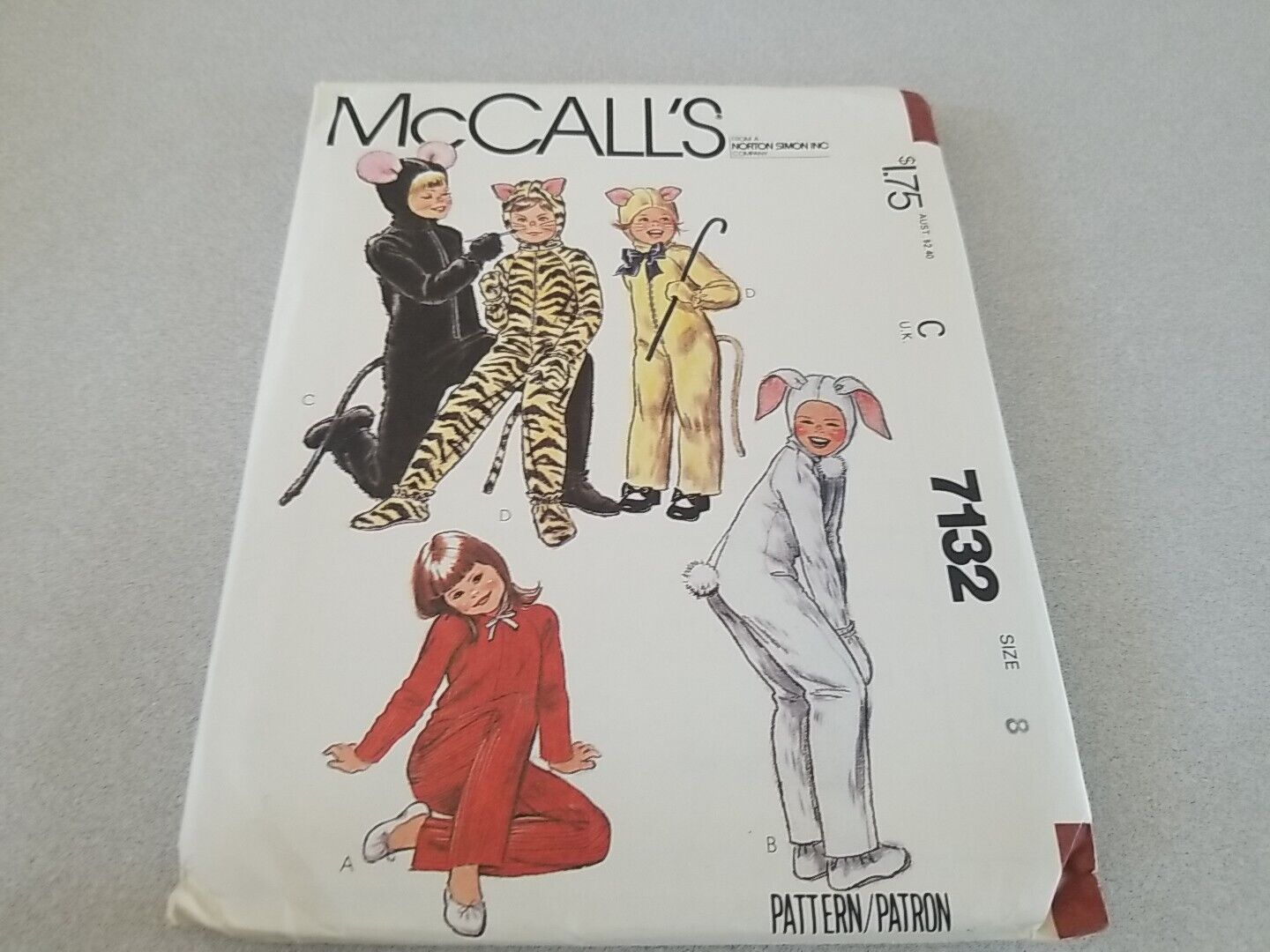 Vintage 1980s McCall's 7132 Childrens Bunny Cat Mouse Costume Pattern Sz 6 Cut