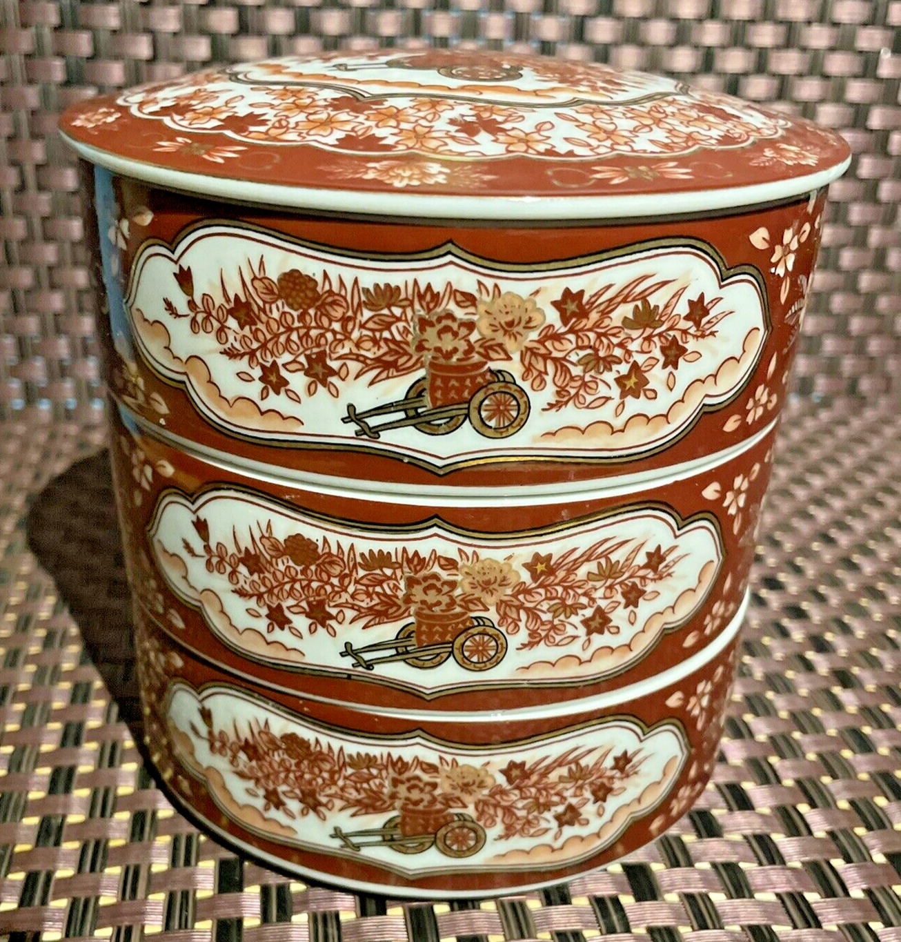 3 VTG Japanese Stacking Bowls Trinkets Lid OMC Porcelain Decorative Harvest Red