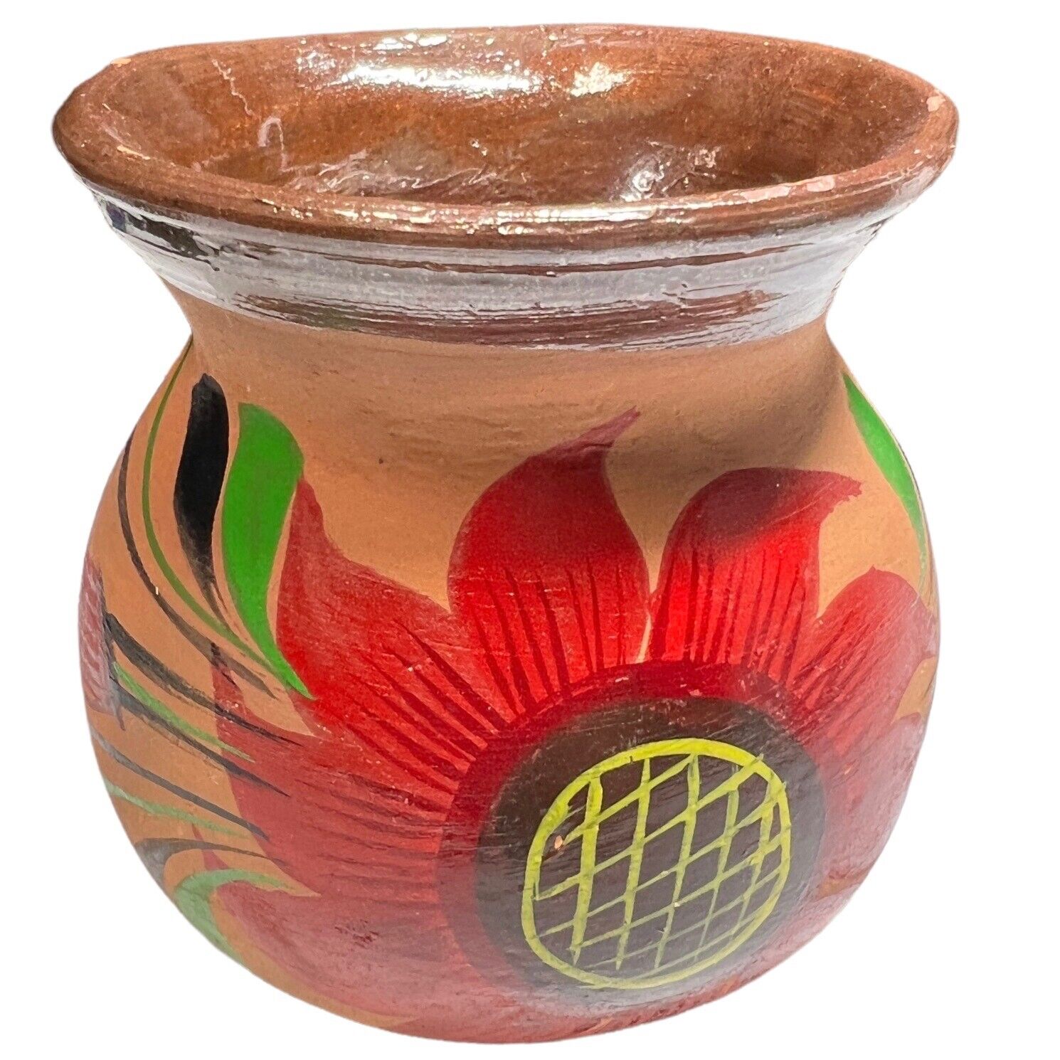 Mexican Folk Art Red Clay Hand Painted Pottery Mug Red Flower Unglazed Finish