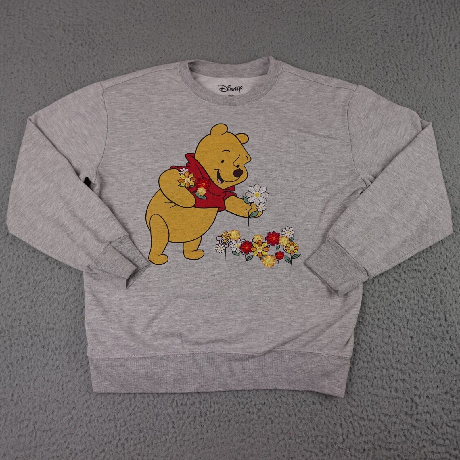 Disney Sweatshirt Mens Small Gray Winnie The Pooh Floral Embroidered Crew Neck
