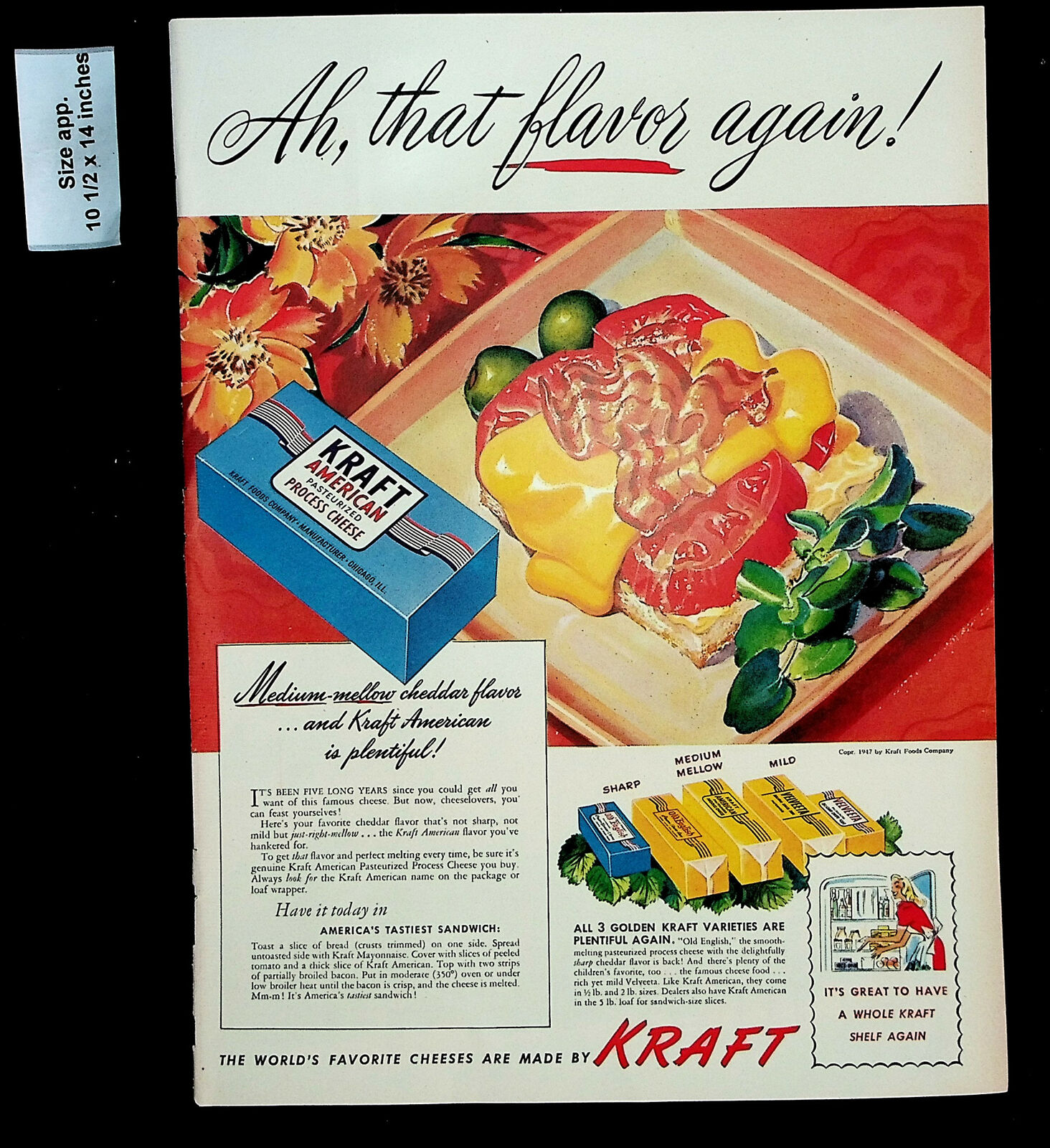 1947 Kraft Cheeses Flavor American Processed Food Vintage Print Ad 29031