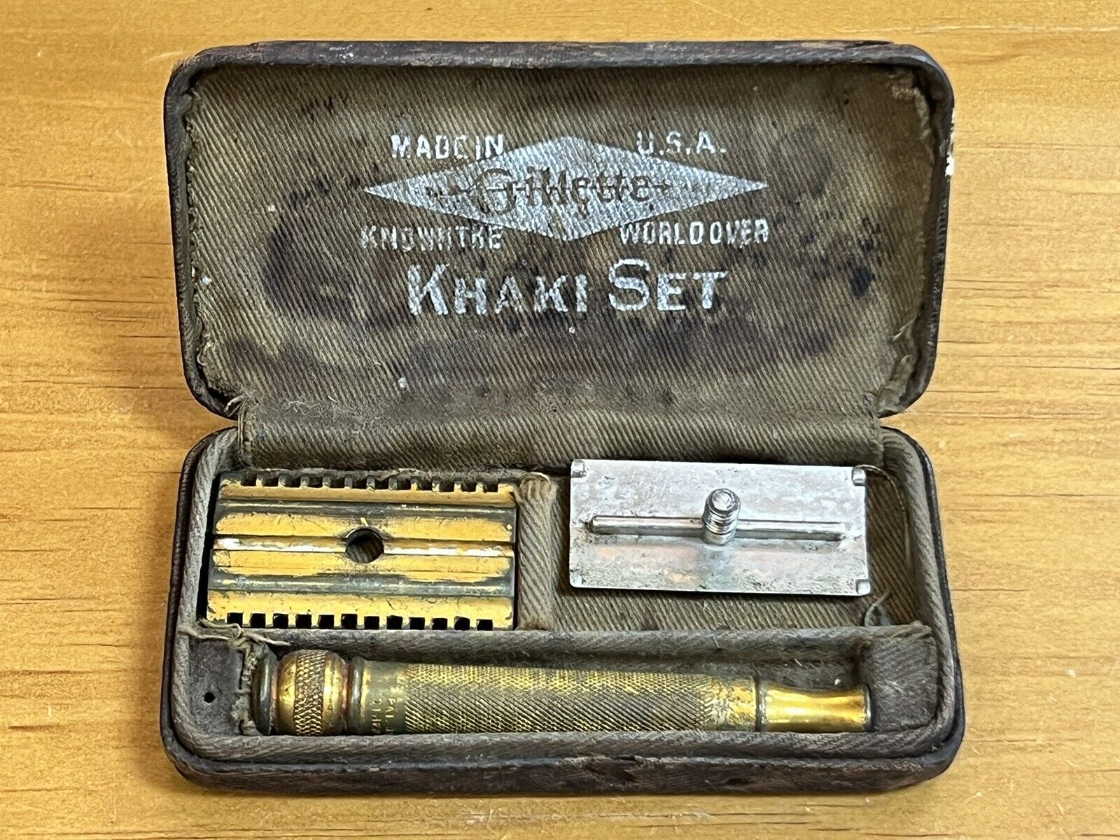 Vintage Gillette Safety Razor In Box No extra Blades Khaki Set Gold Toned Used