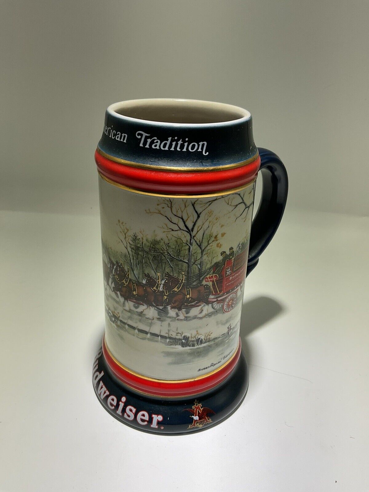 1990 Budweiser Beer Holiday Christmas Stein Mug With Clydesdales by Ceramarte