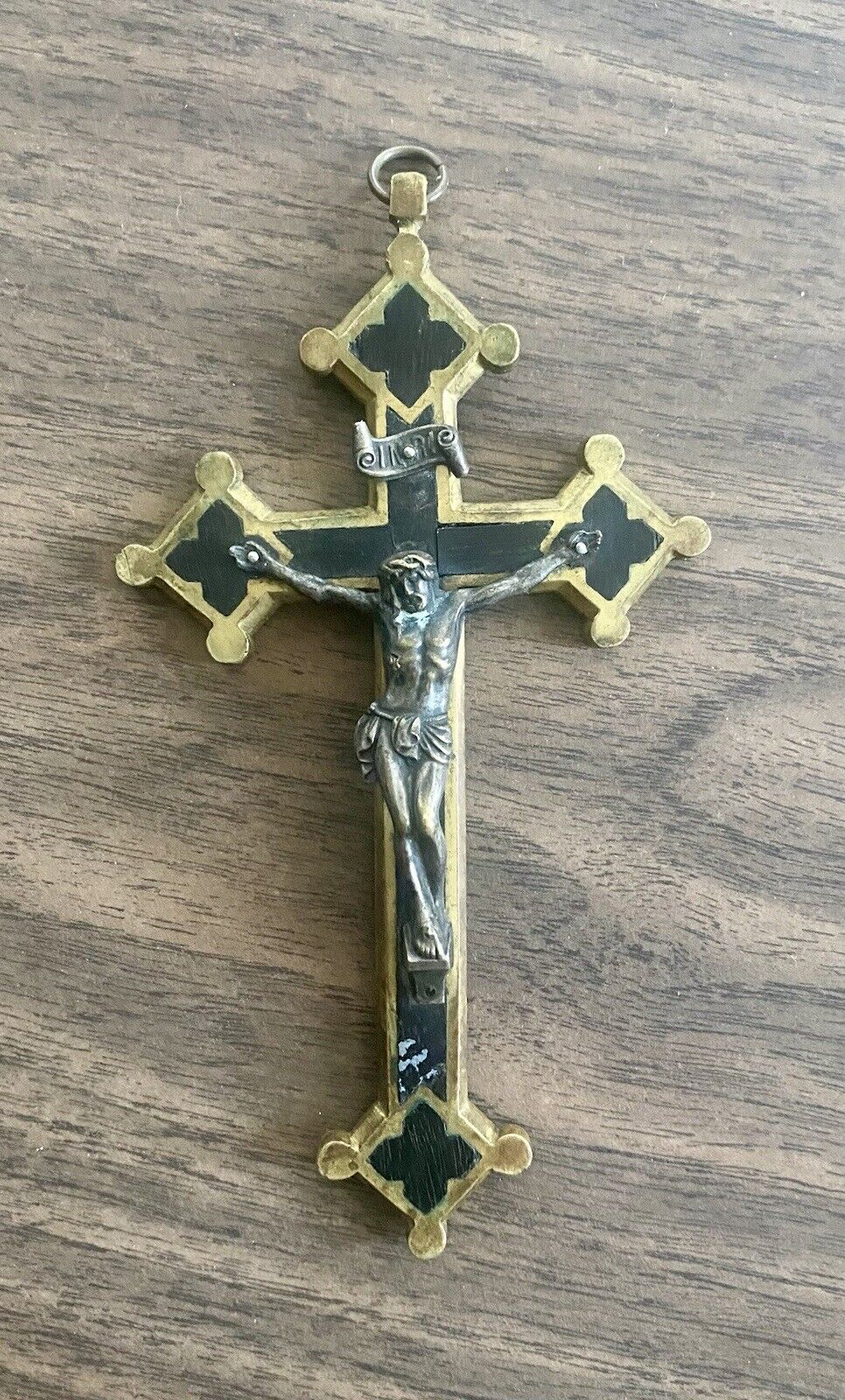 Vintage Brass & Ebony Inlay Crucifix Cross 5” Germany