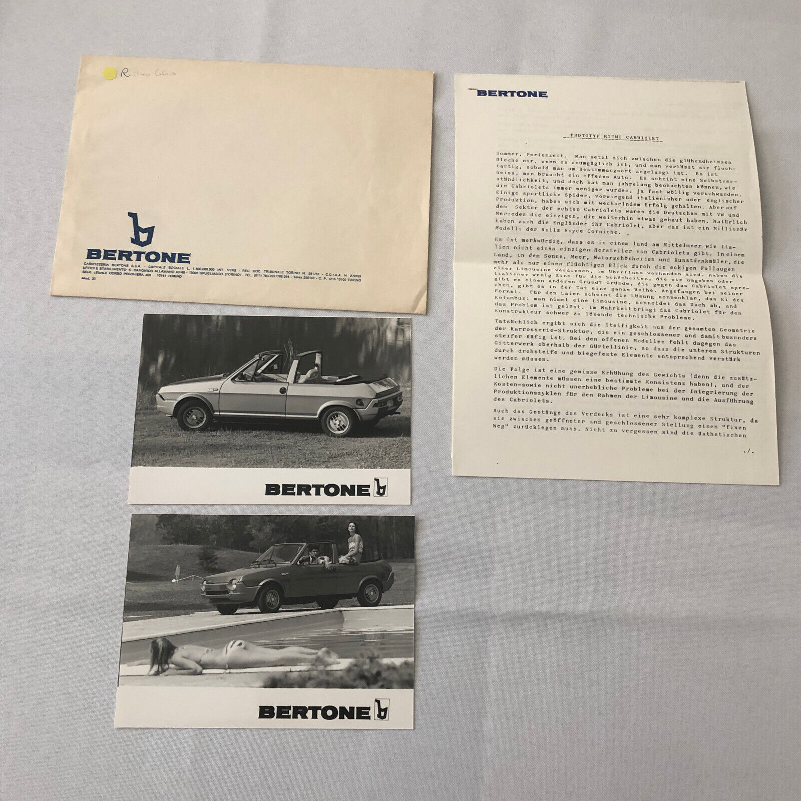 Bertone Ritmo Cabriolet Convertible Press Kit with Photographs Photos Fiat Ritmo