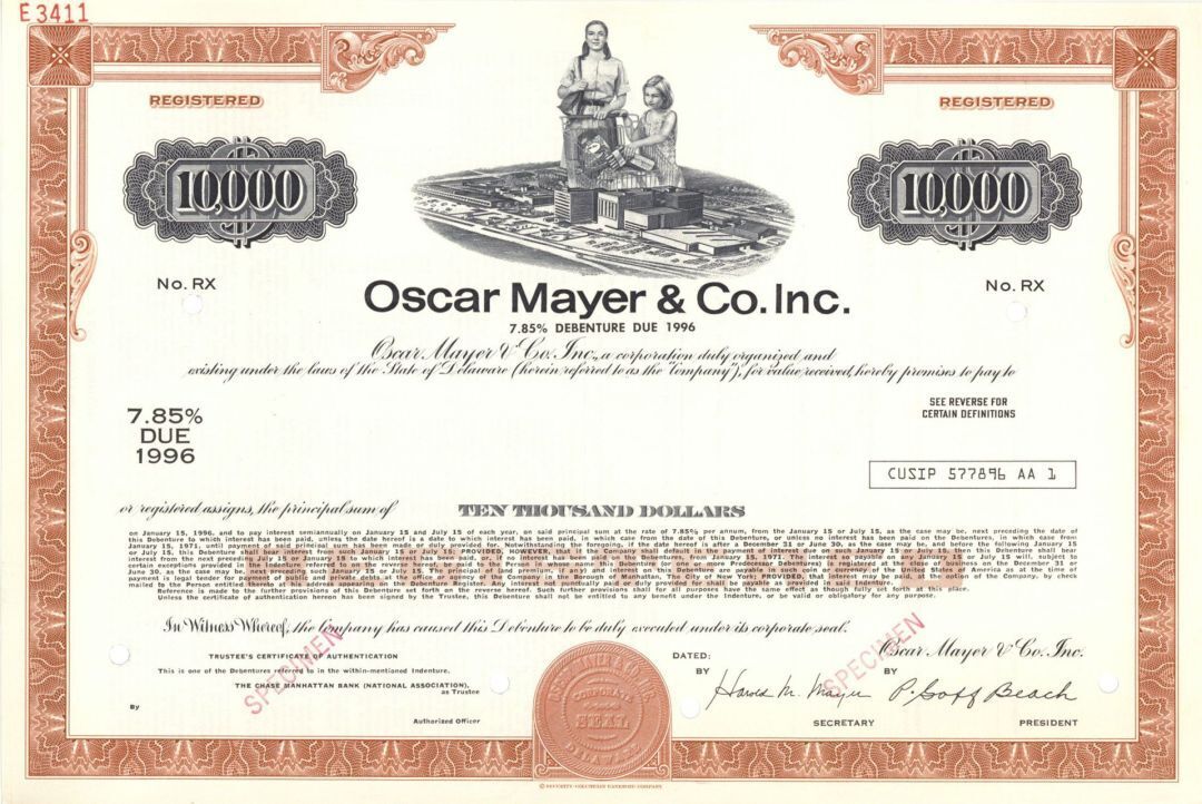 Oscar Mayer and Co. Inc. - $10,000 Specimen Bond - Specimen Stocks & Bonds