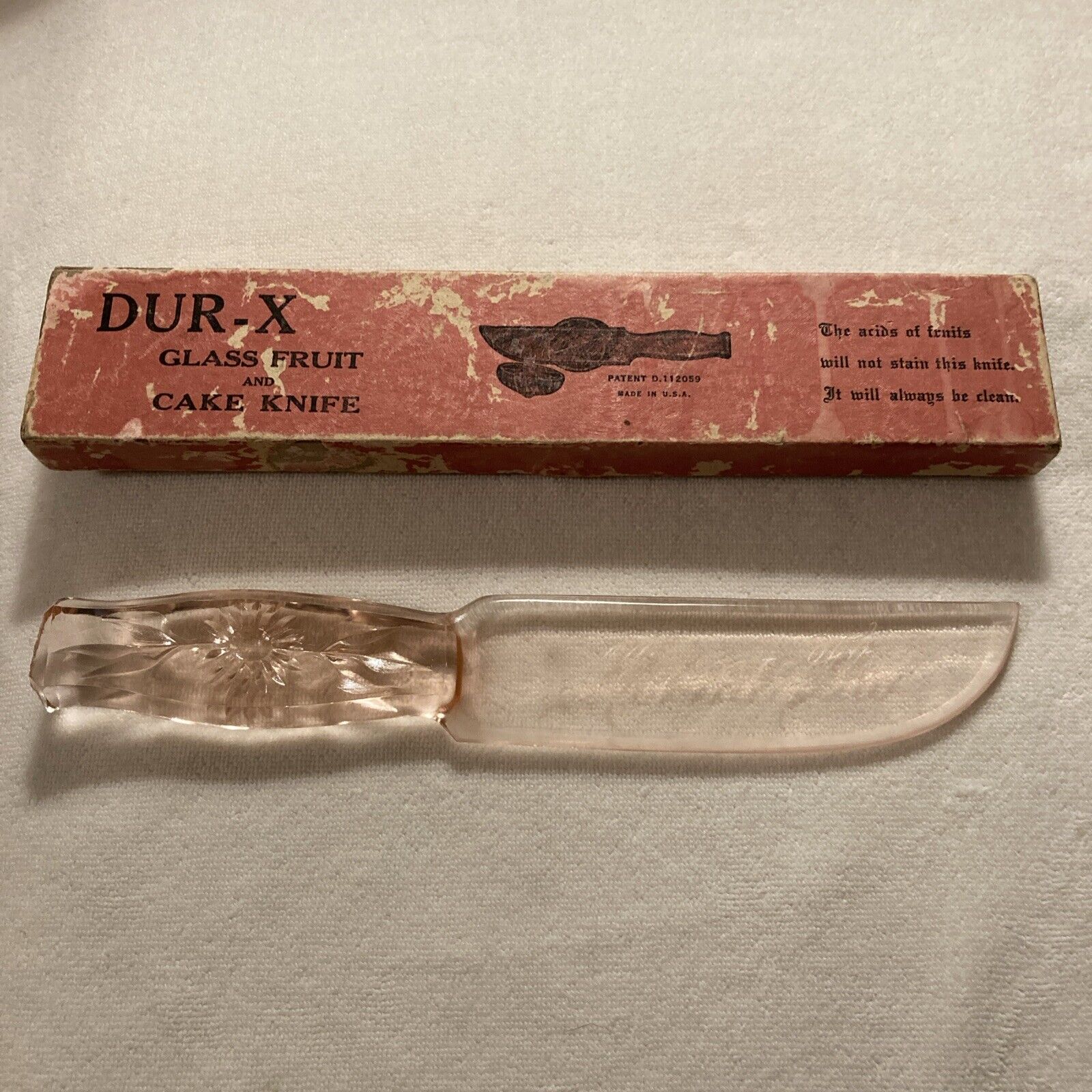 DUR-X Pink Depression Glass Fruit & Cake Knife W/ Box Sharp Edge Engraved