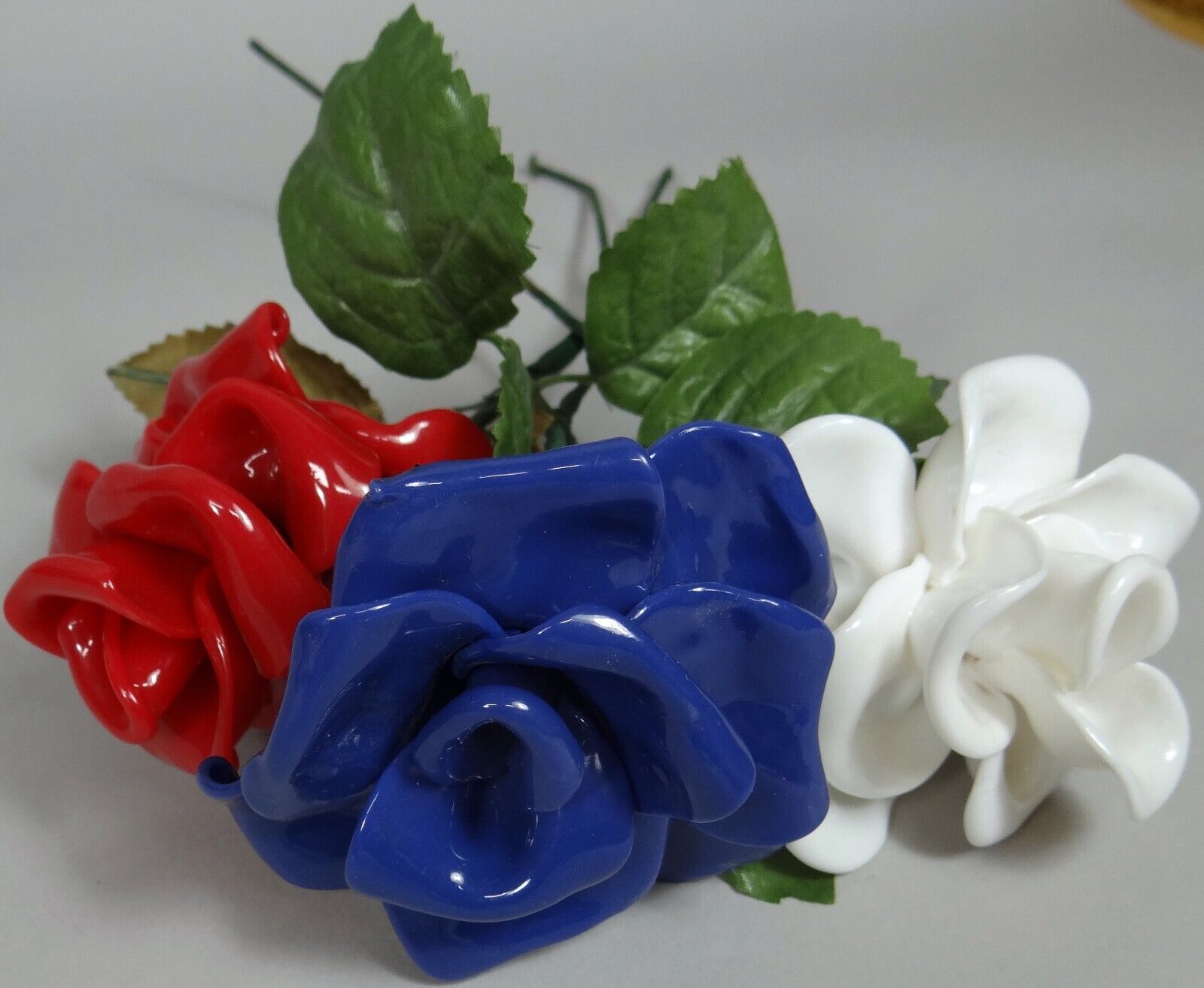 Vtg Melted Plastic Flowers Red White Blue Roses Artificial Stem Leaves 10in Cool