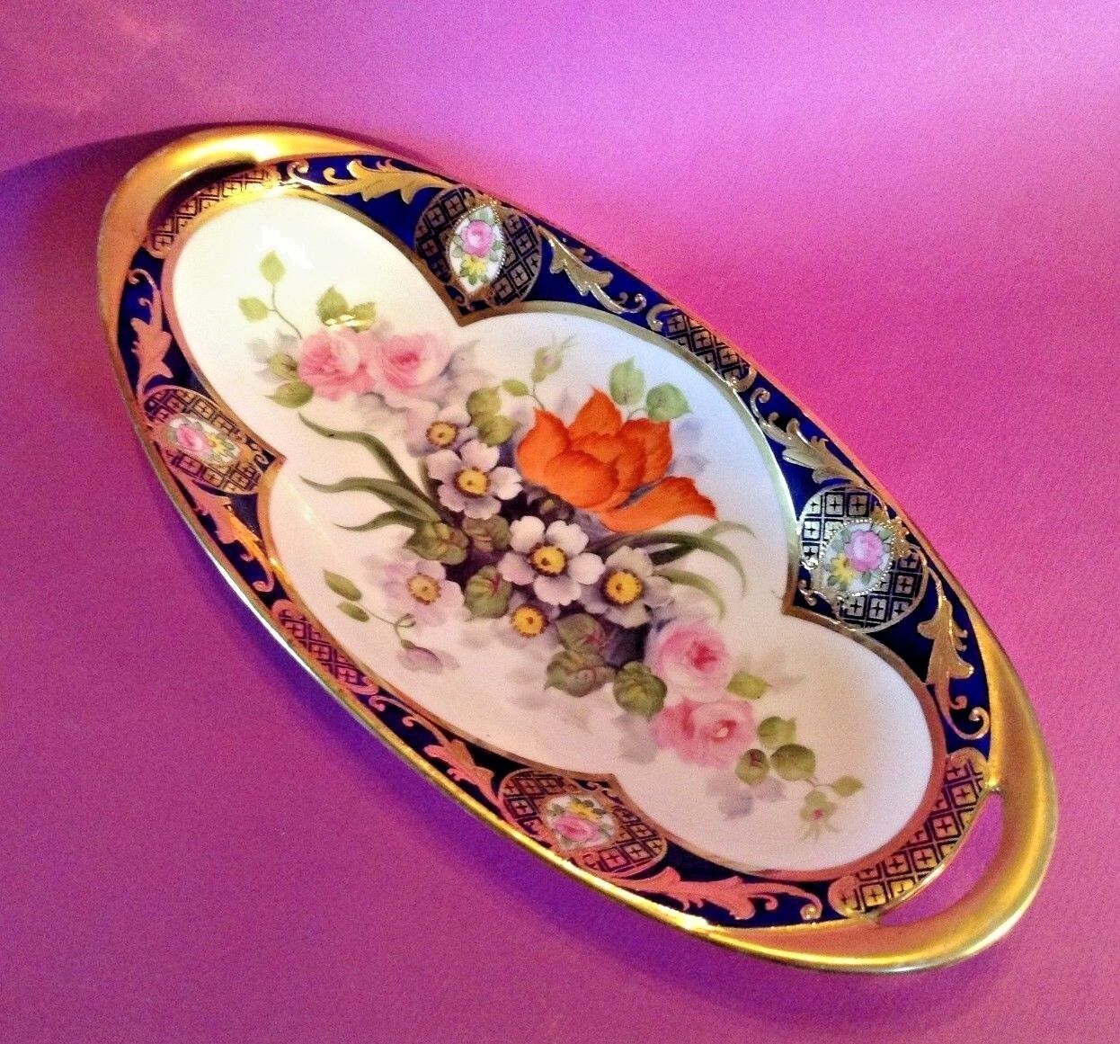 Noritake Hand Painted Celery Dish - Ornate Blue And Gold With Flowers - Japan