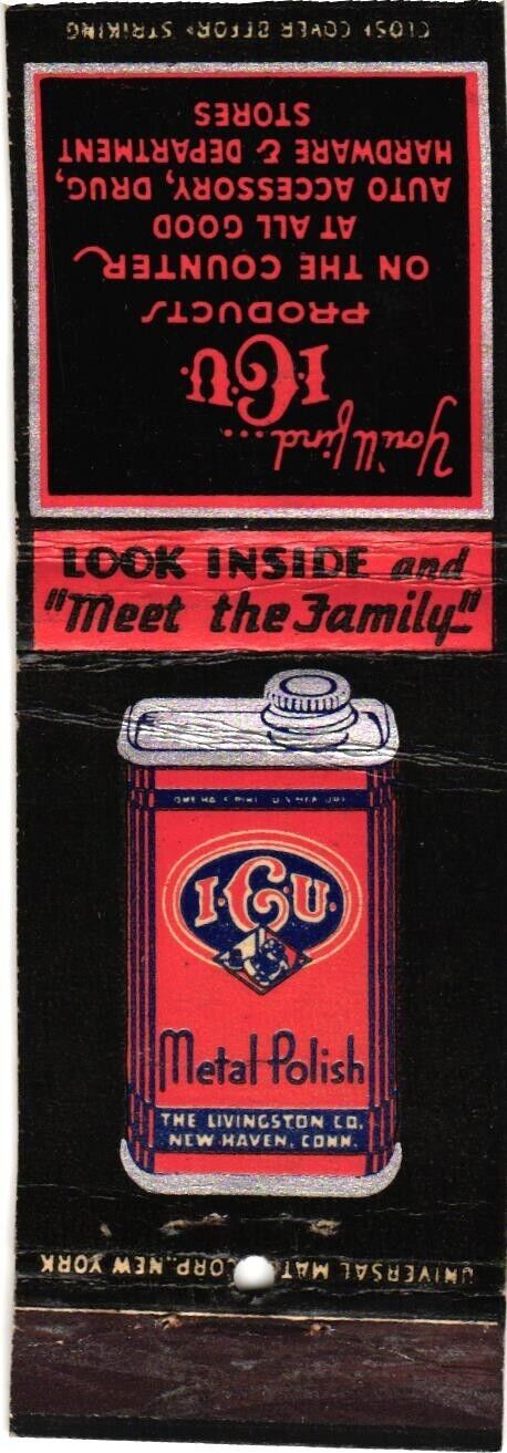 ICU Metal Polish, The Livingston Co. New Haven, Conn Vintage Matchbook Cover