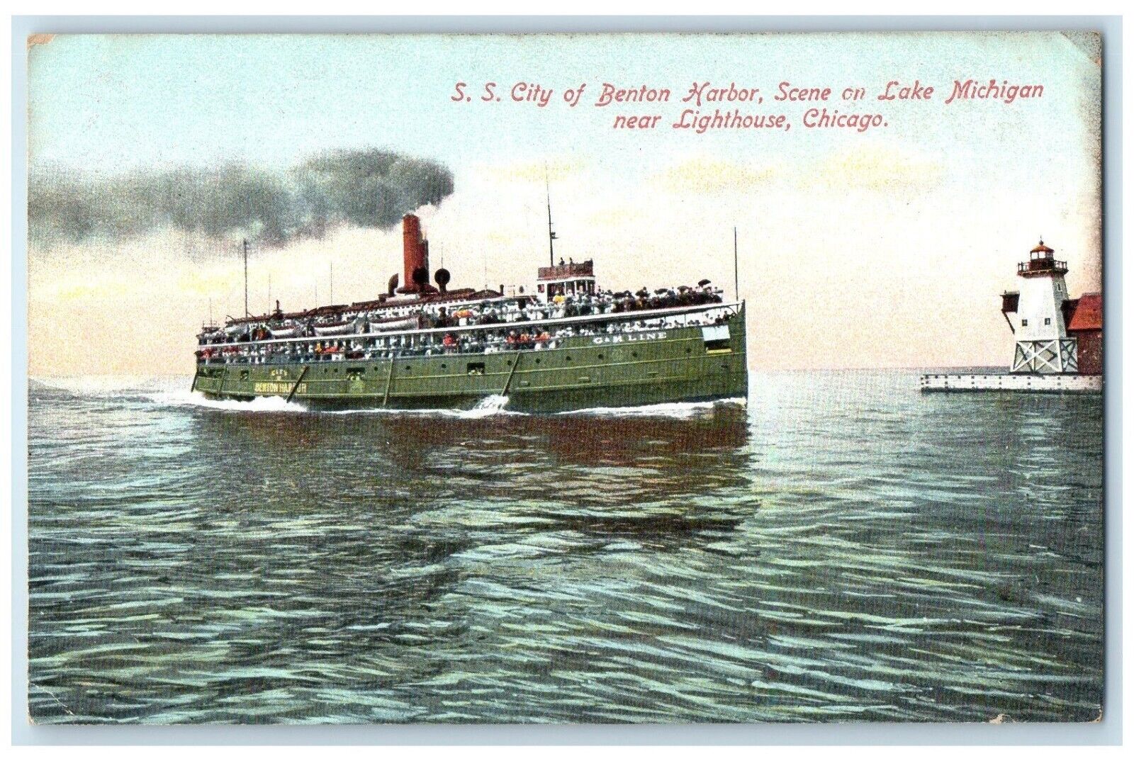 c1910 S.S. City Benton Harbor Lake Michigan Lighthouse Chicago Illinois Postcard