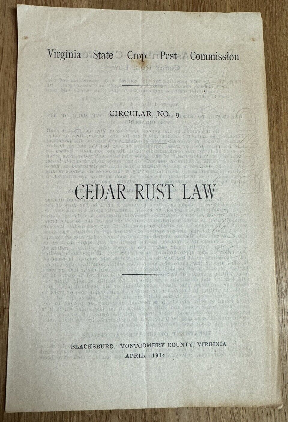 1914 Virginia Rust Law Crop Pest Commission Circular Apple & Red Cedar Trees