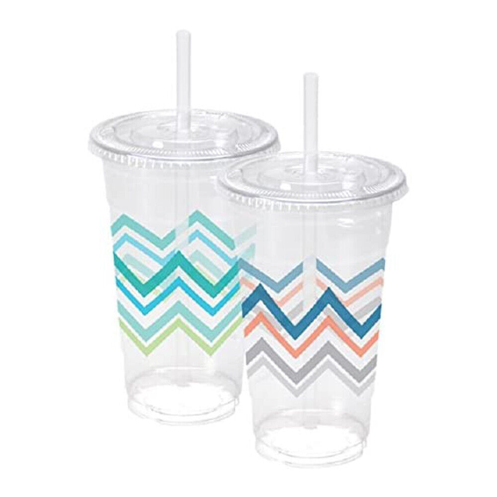 Disposable Plastic To Go Green Chevron Cups With Lids & Straws 24 oz [10-100Ct]