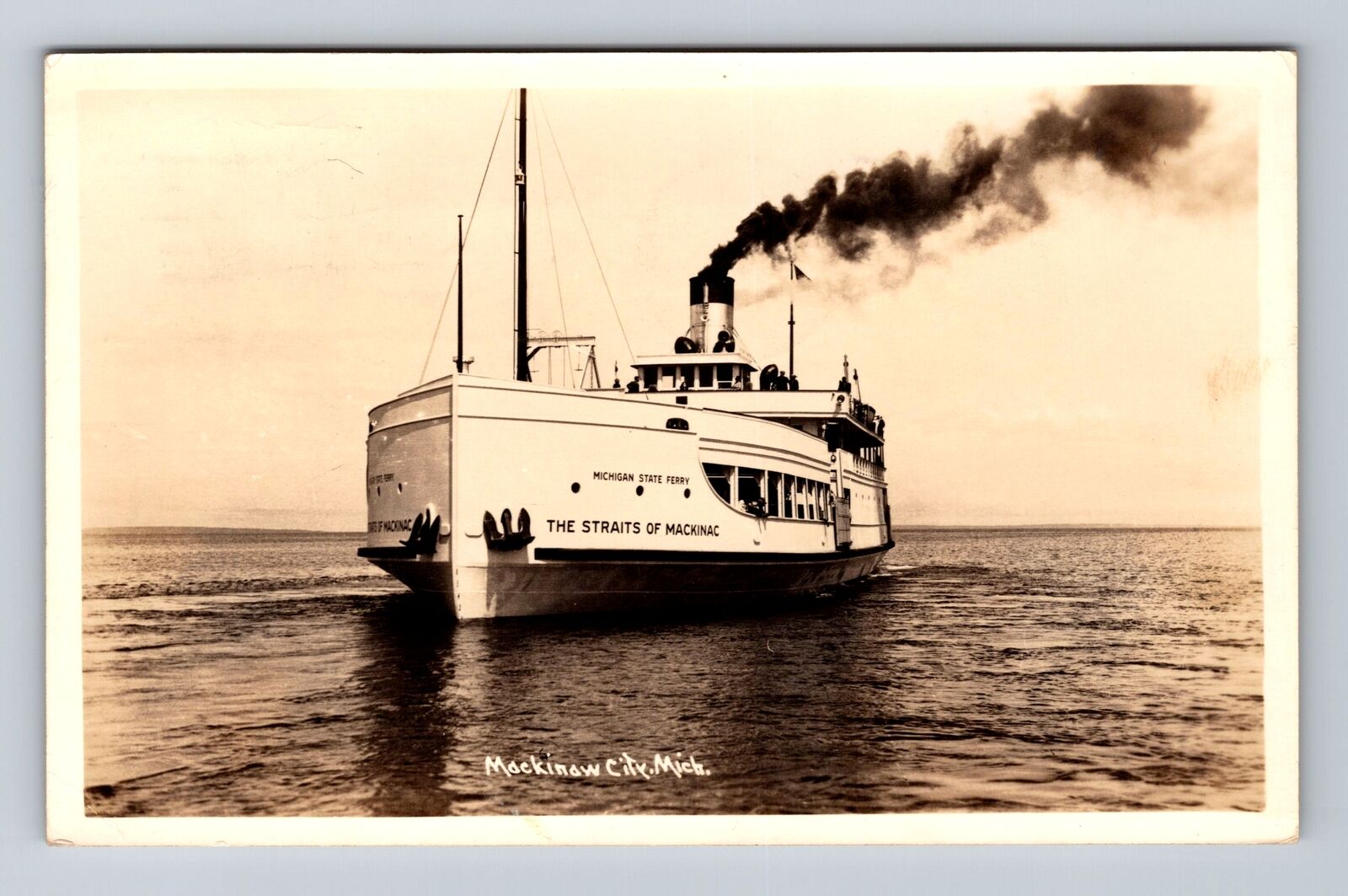Mackinaw City MI-Michigan RPPC, Straits Of Mackinac Ferry Vintage c1936 Postcard