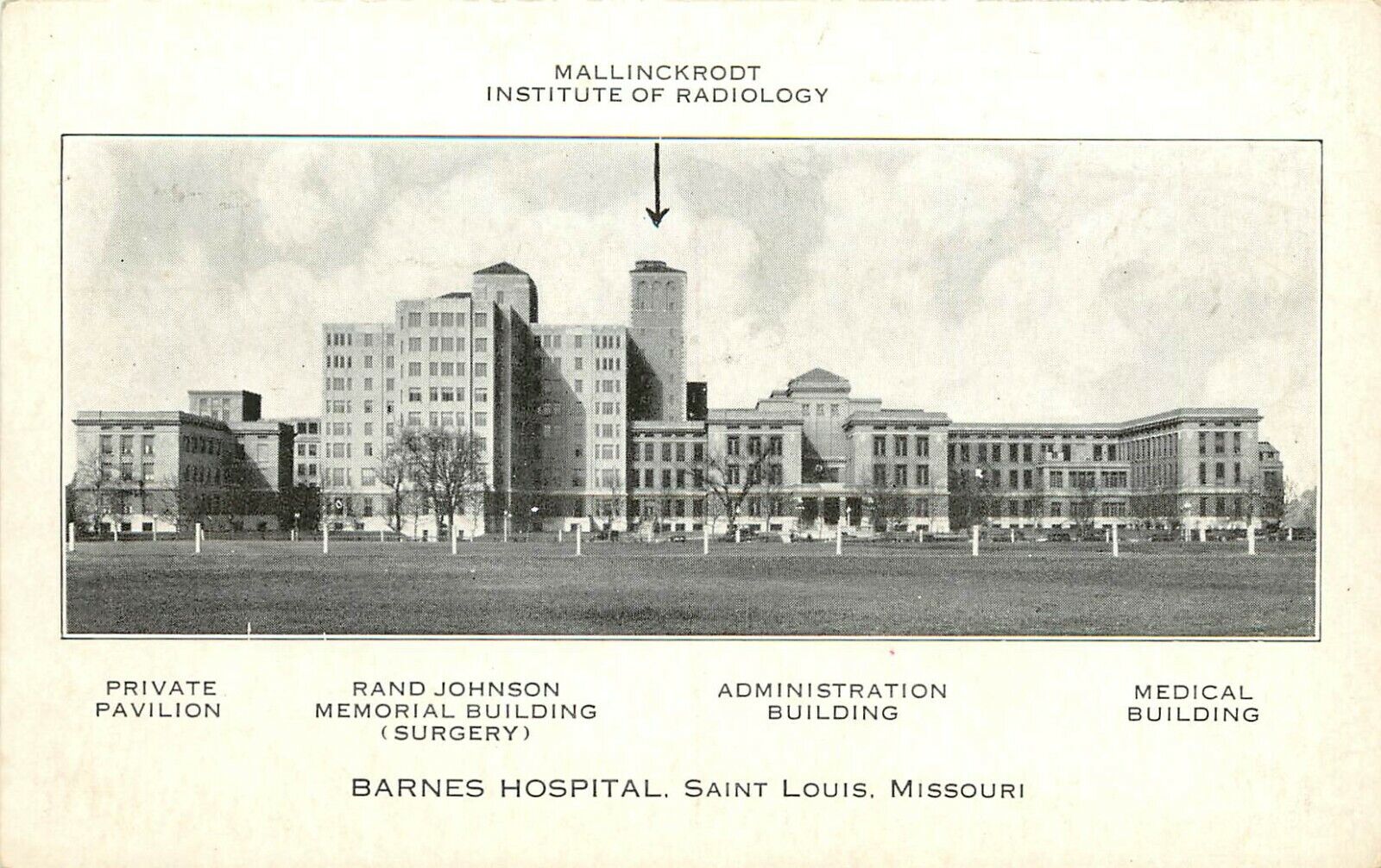 Postcard; Barnes Hospital St. Louis MO Mallinckrodt Radiology, Bldgs. Annotated