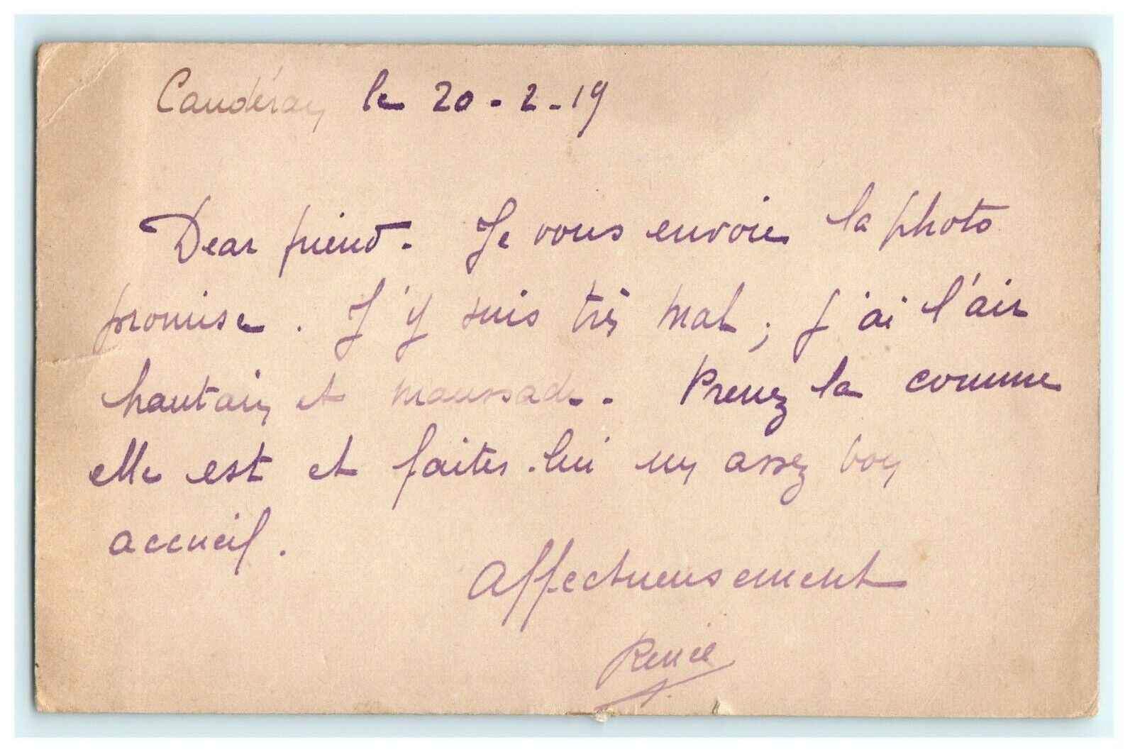 c 1919 Note or letter referring to a photo French France