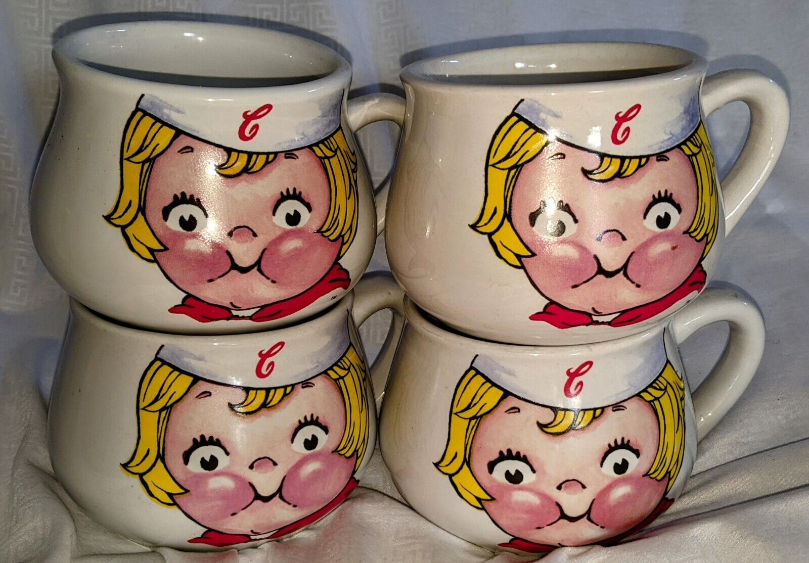 Set Of Four 1998 Campbell\'s Soup Kid Large Ceramic Cup Mug Graphic Bowls 4