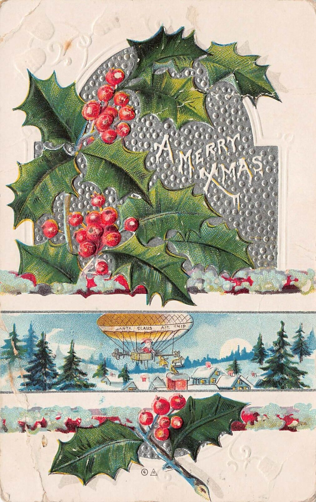 Christmas Card Santa Air Balloon Ship MISHAWAKA New Mexico DPO Vtg Postcard A40