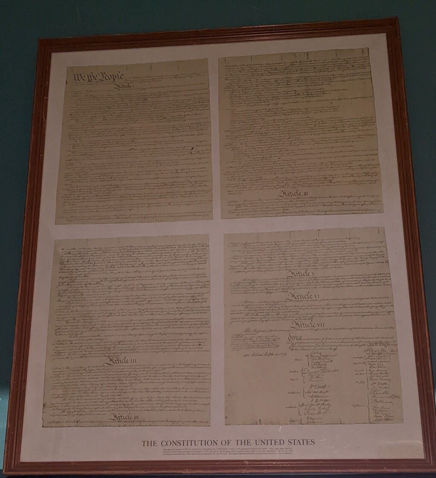LARGE FRAMED  CONSTITUTION OF  THE USA PRINTED PARCHMENT  31.5L*38H *W1.5 inches