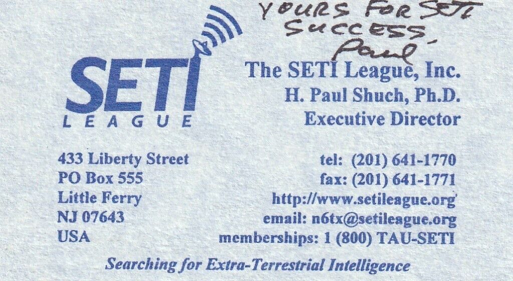 UFO LEGEND & SETI EXEC DIRECTOR PAUL SHUCH SIGNED BUSINESS CARD