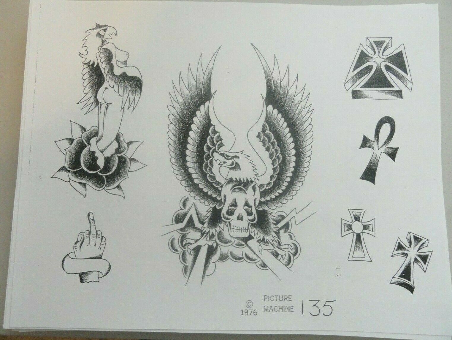 VTG RARE 1976 Picture Machine Tattoo Flash Sheet 135 Eagles Skull Ankh Finger