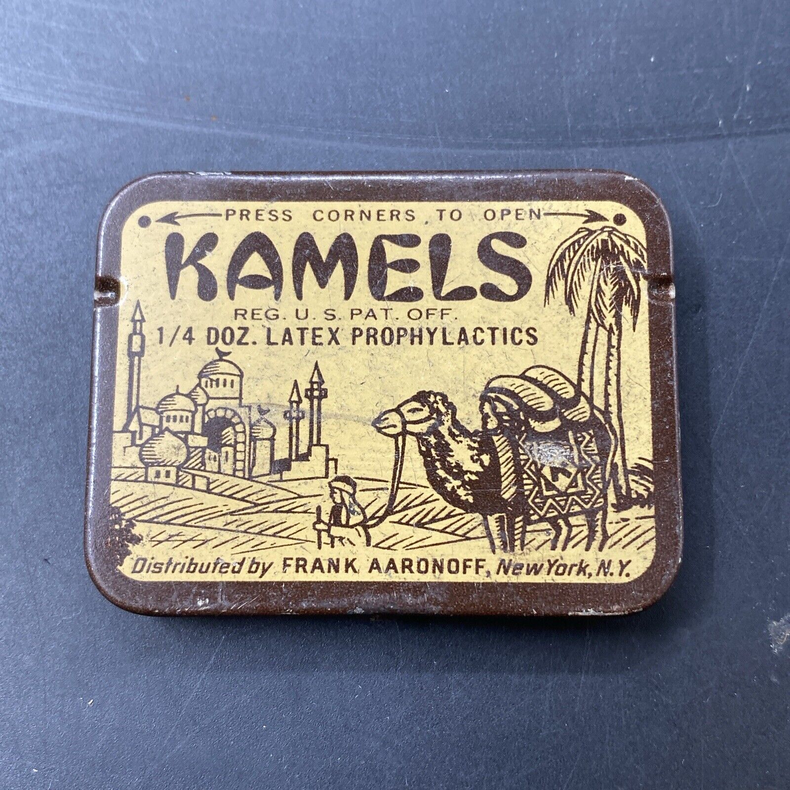 Antique 1930s Kamels Latex Prophylactic Condom Tin Case Container Advertising