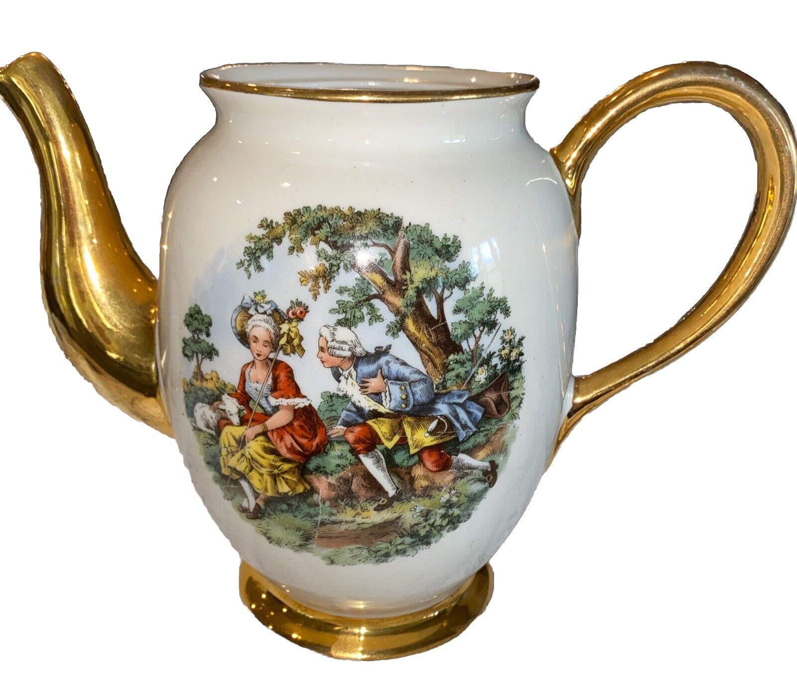 VTG King Wood -Victorian Scene Scene- Gold Edge Teapot, Sugar Bowl, Creamer