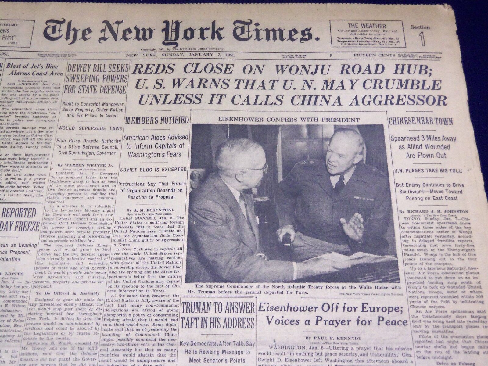 1951 JANUARY 7 NEW YORK TIMES - REDS CLOSE ON WONJU ROAD HUB - NT 2263