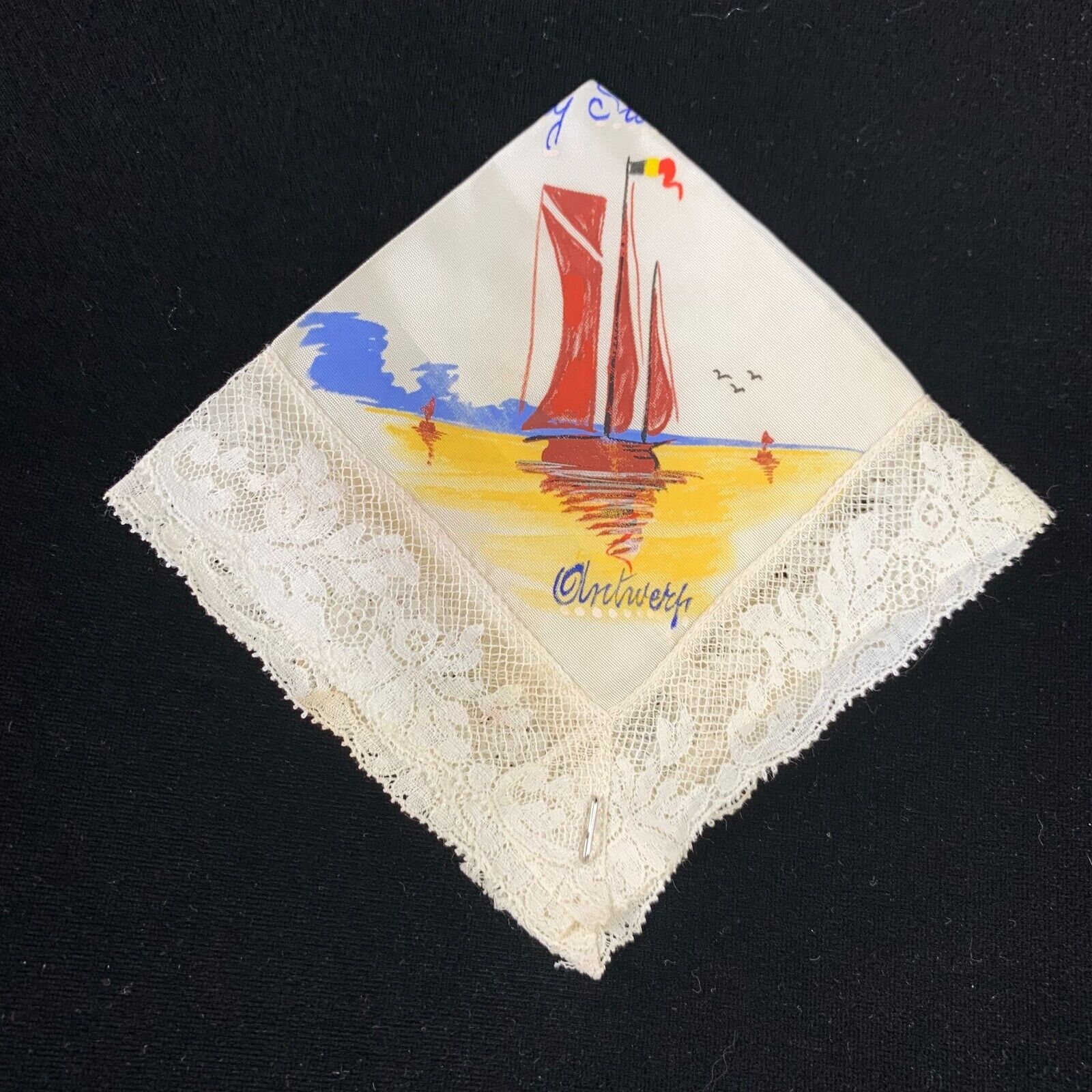Vintage Antwerp Handkerchief To My Sweetheart WWII Rayon Lace Painted Sailboat