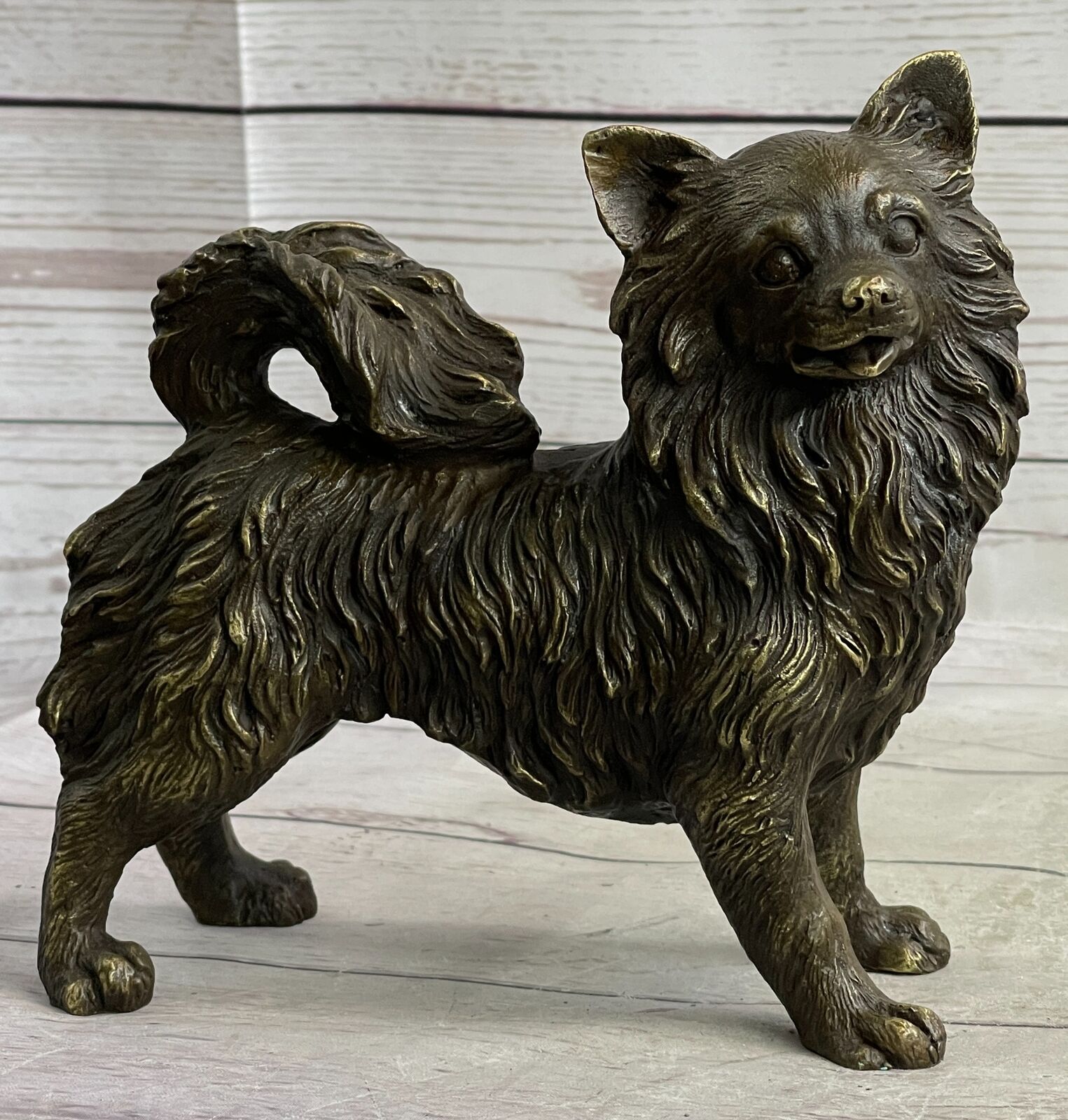 Pomeranian Breed Puppy Dog Bronze Figurine Figure Sculpture Statue Signed Art