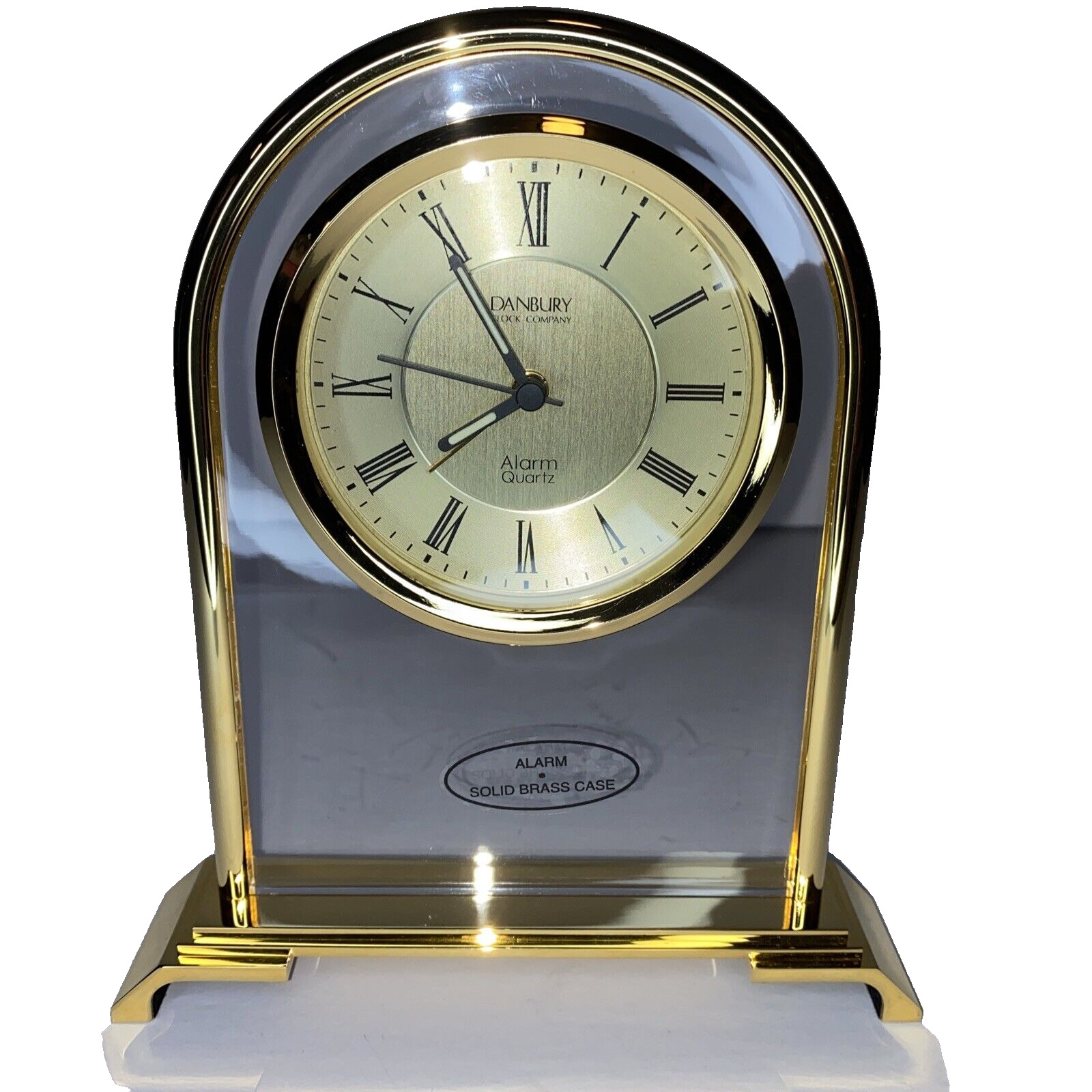 Danbury Desk Mantle Clock Company Alarm Quartz Solid-Brass 7” Analog Brass Glass