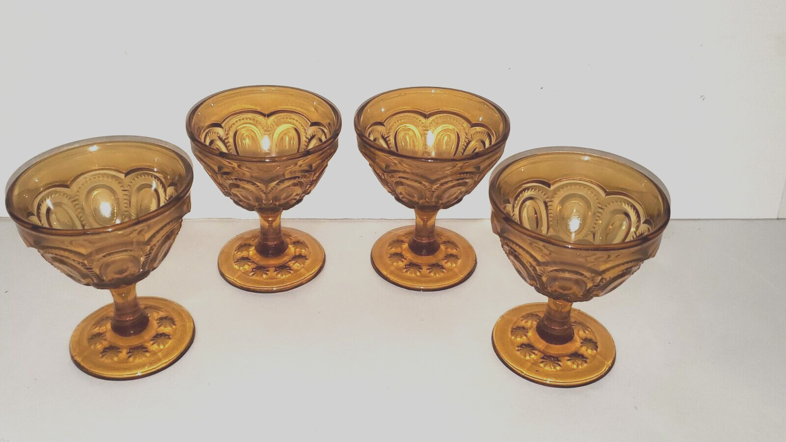 4 Vintage Amber Depression Glass Footed Desert Dish Cup Oval Floral Flower