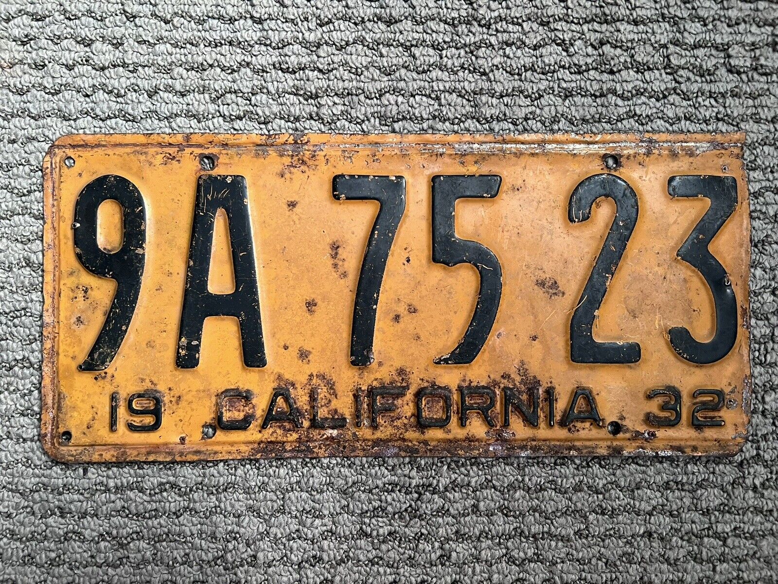 1932 California License Plate #9A 75 23 original vintage