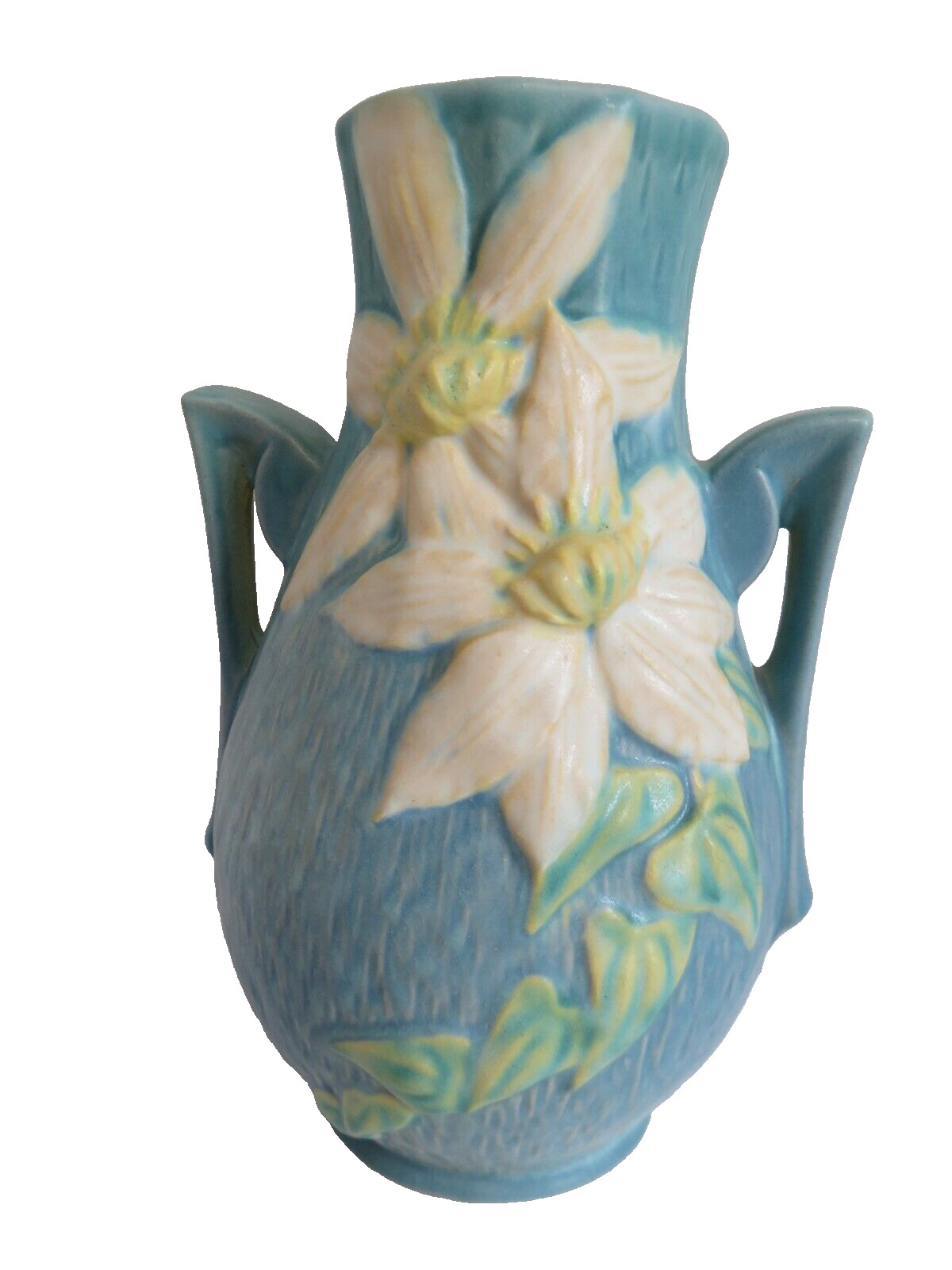 Vintage Roseville Blue Clematis Double Handled Vase  8.5” Tall  (108-8)