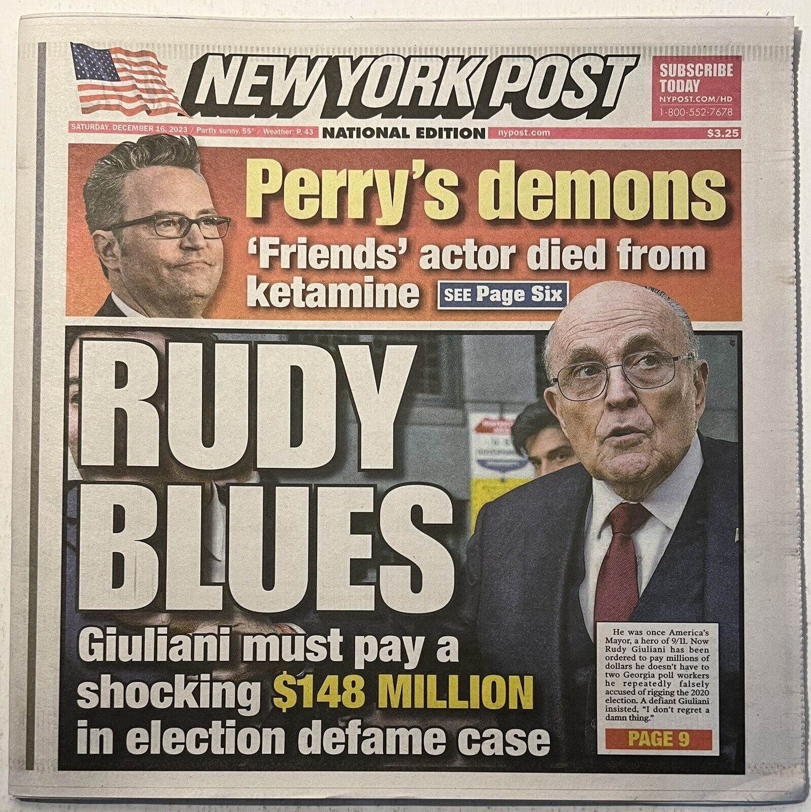 NEW YORK POST - 12/16/23 - FRONT:  RUDY BLUES - MATTHEW PERRY DEATH BY KETAMINE