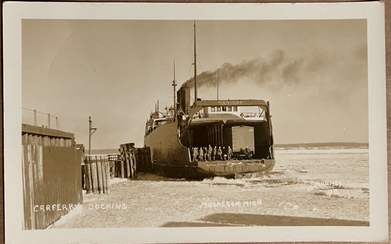 RPPC Muskegon Michigan Car Ferry Docking Antique Real Photo Postcard c1930