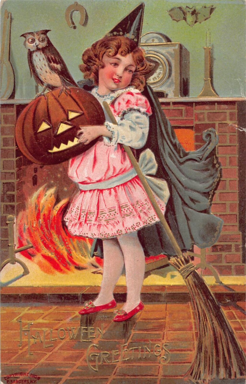 ZC1/ Halloween Postcard Greetings c1910 Child Witch Owl Broom 204