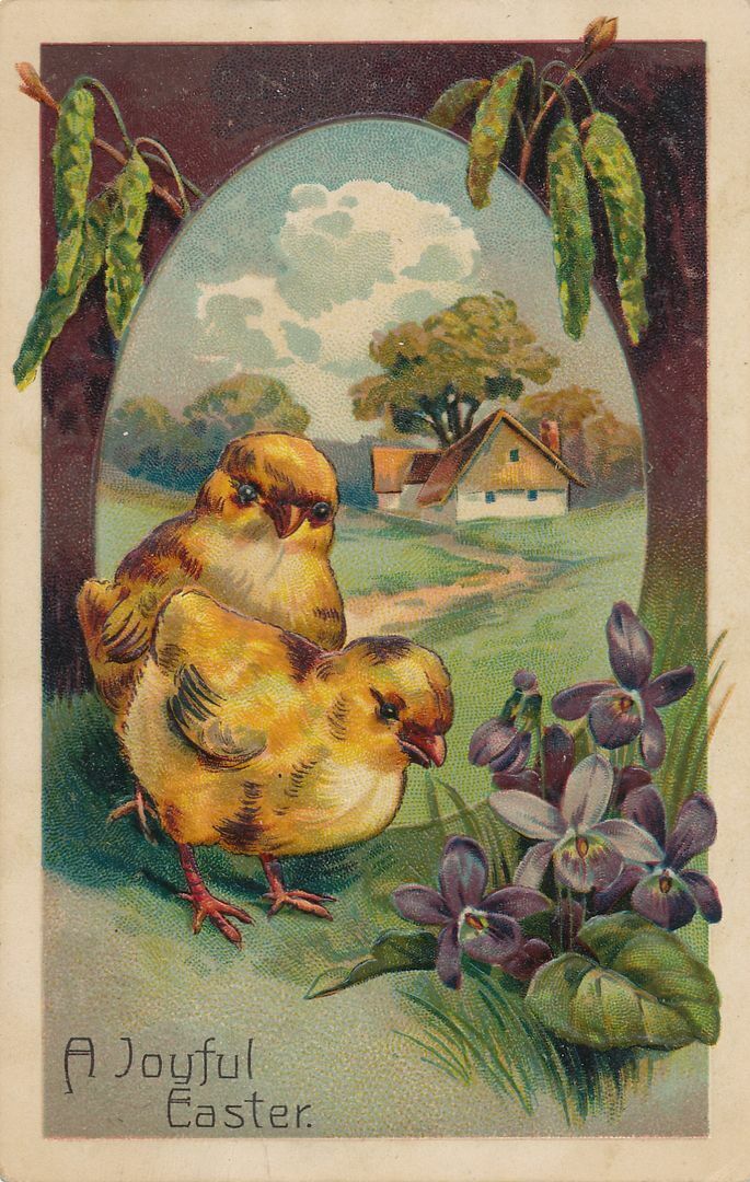 EASTER - Chicks, Flowers and Country Scene A Joyful Easter PFB Postcard - 1908