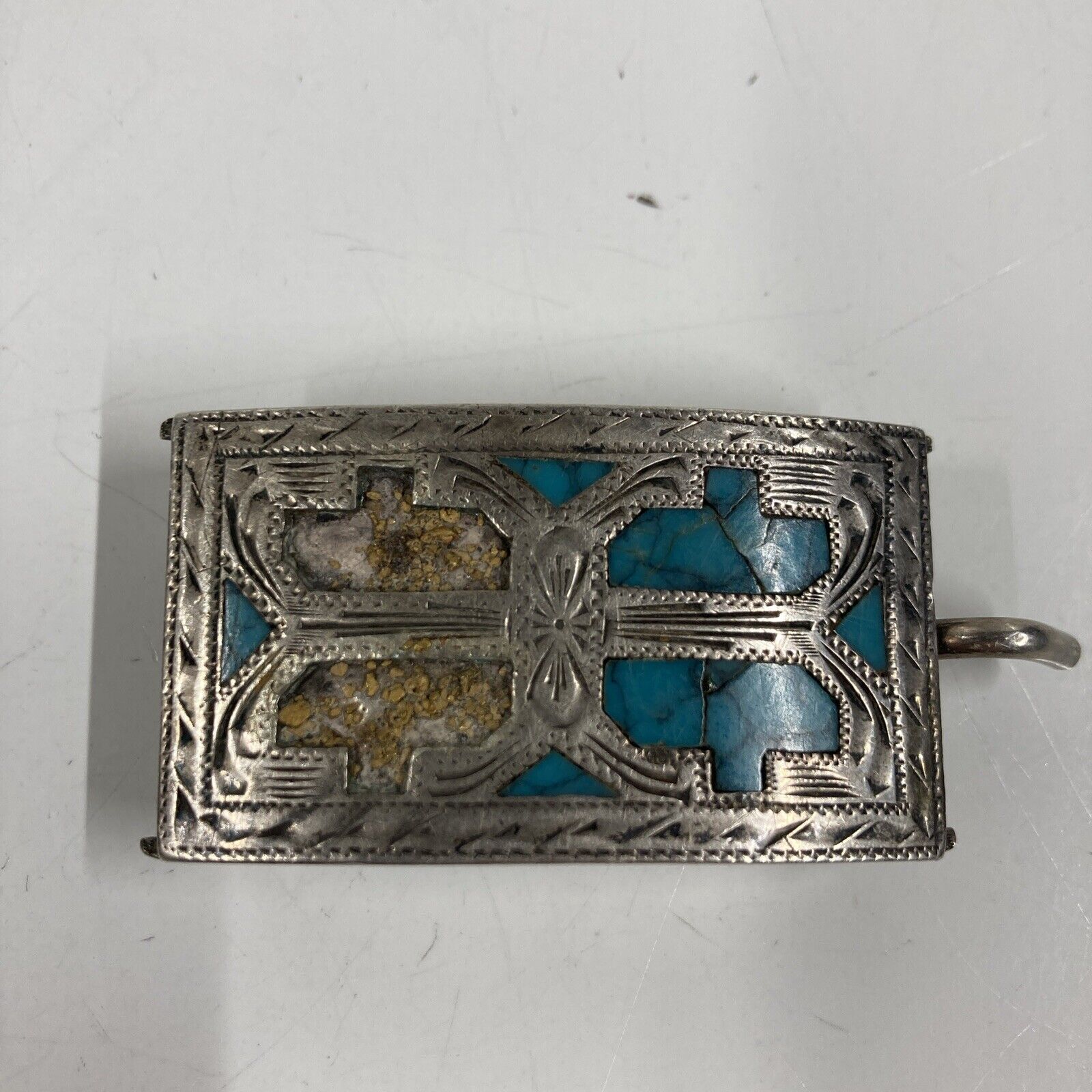 Vintage Marked STERLING SILVER Belt Buckle Mexico  Western Cowboy Turquoise