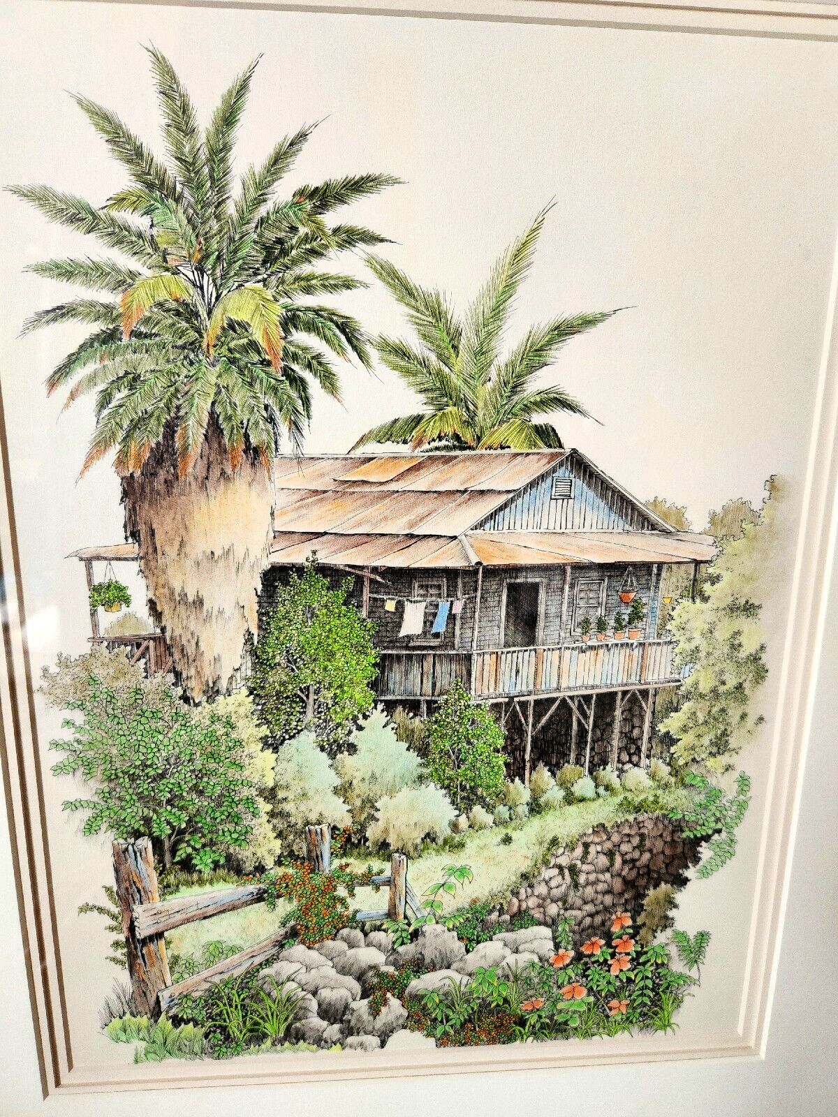 AUTH Original & Signed Pastel on Ink, Kona House by Don D'Witt Honolulu Hawaii.