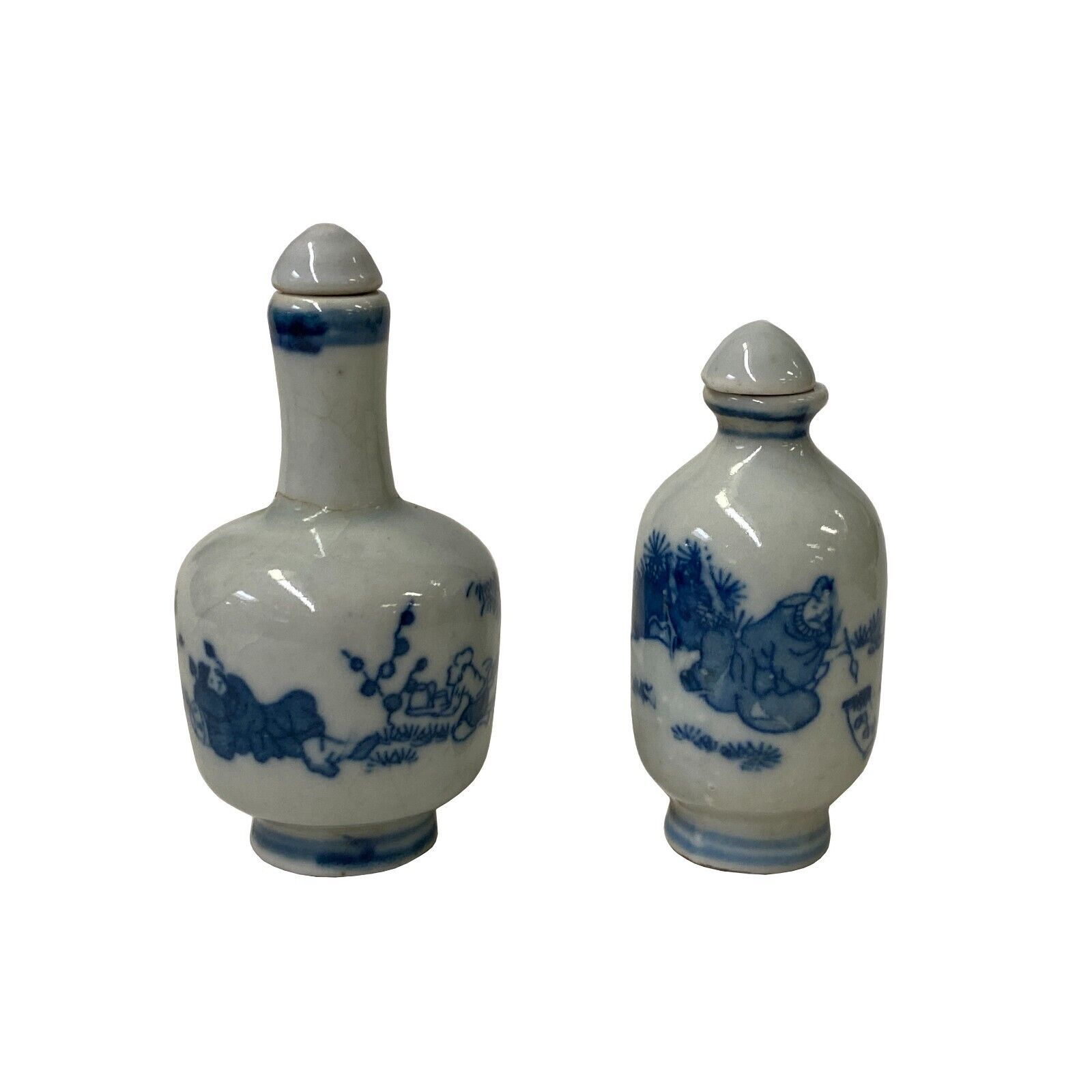 2 x Chinese Porcelain Snuff Bottle With Blue White Scenery Graphic ws2786