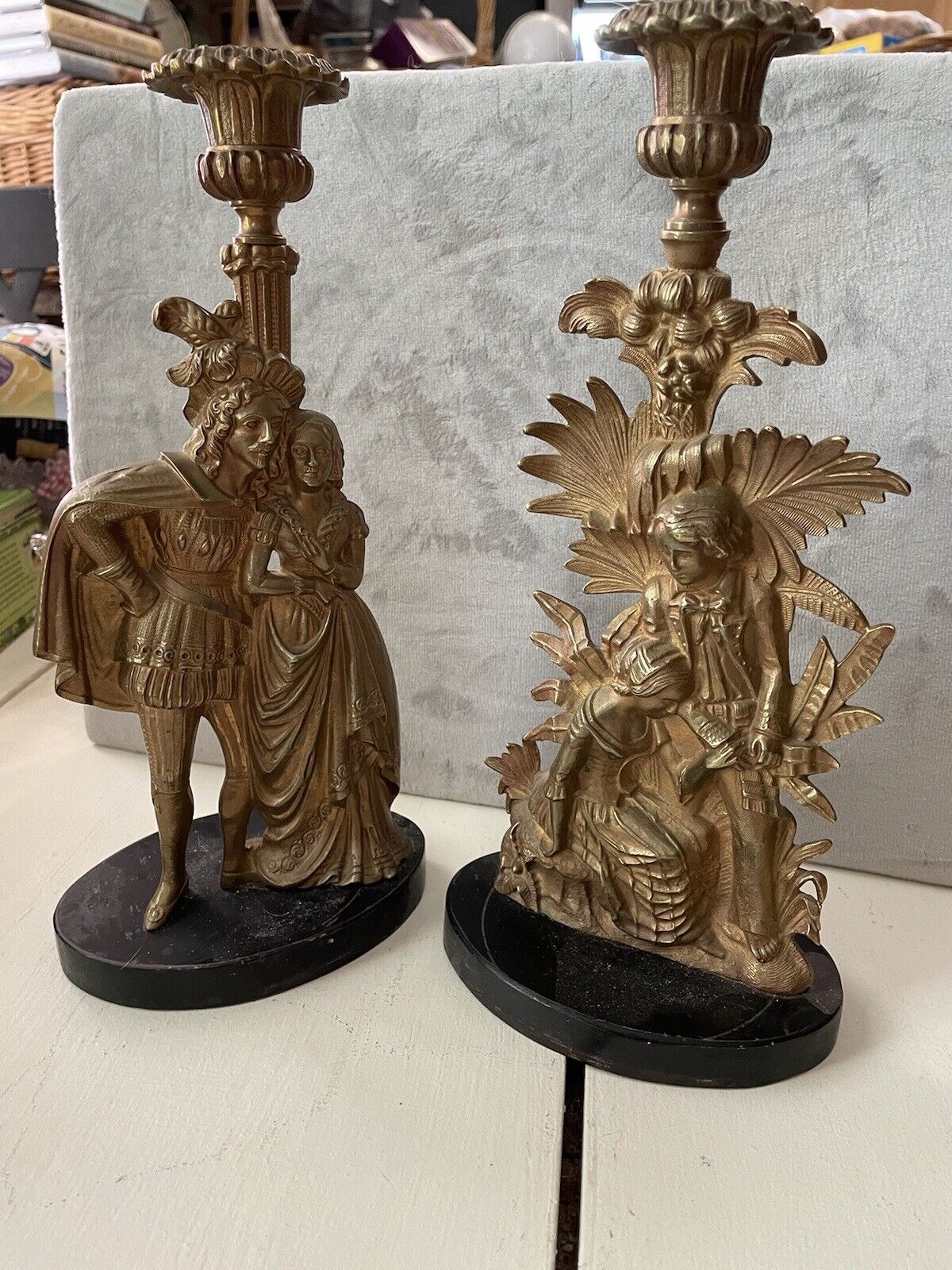 Pair Antique FRENCH 19th C Bronze Brass Figural Candle Stick Holders