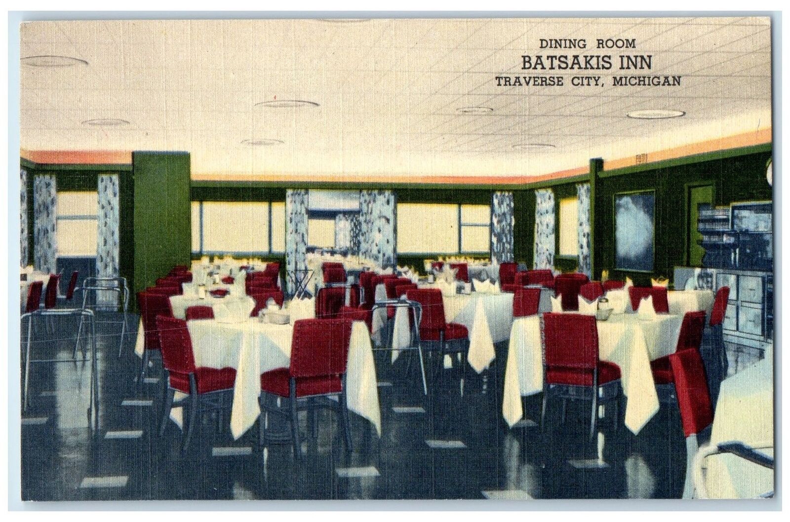 c1940's Dining Room Batsakis Inn Restaurant Traverse City Michigan MI Postcard