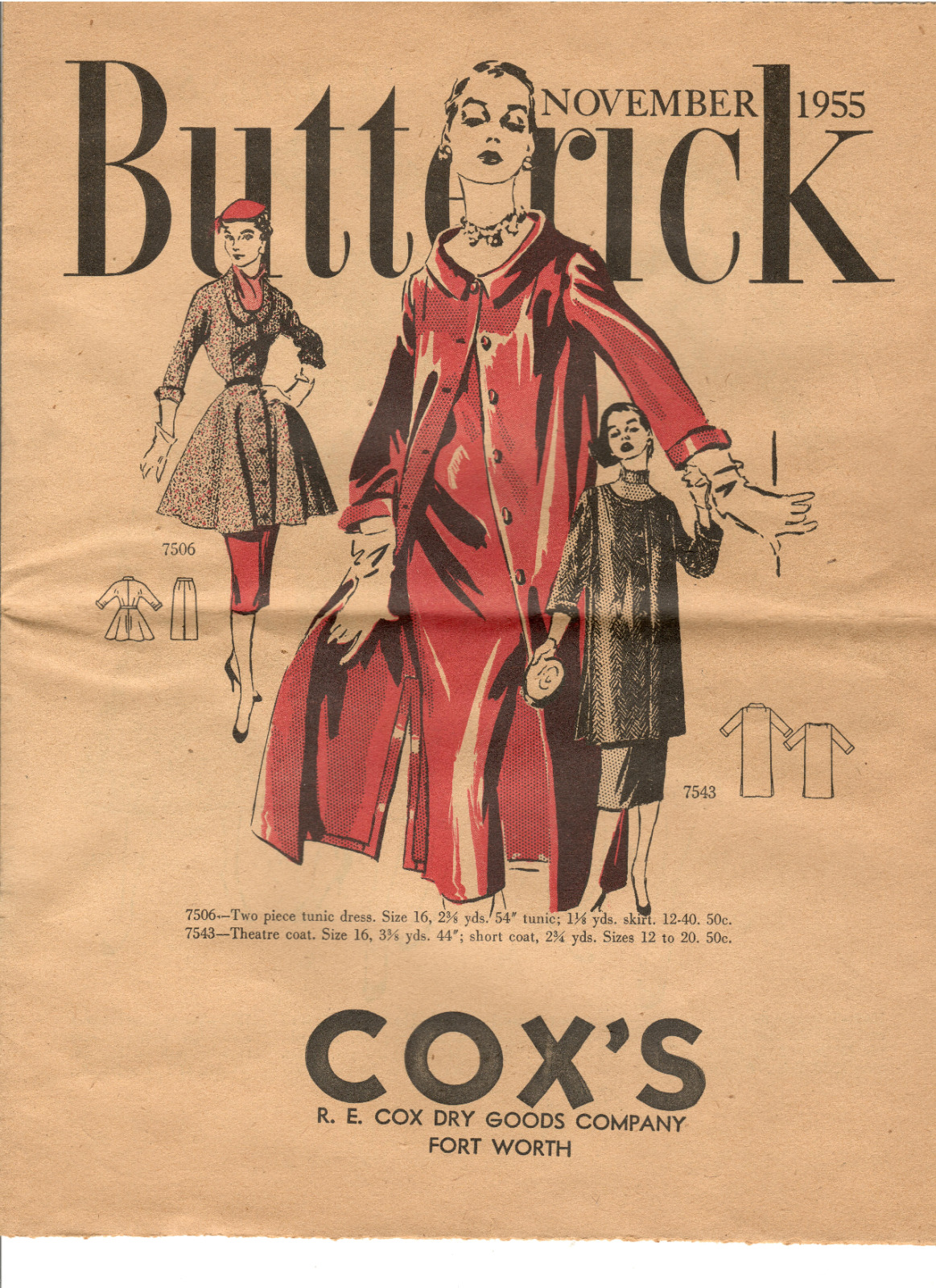 November 1954 Butterick Pattern Advertisement from Cox's in Fort Worth, Texas